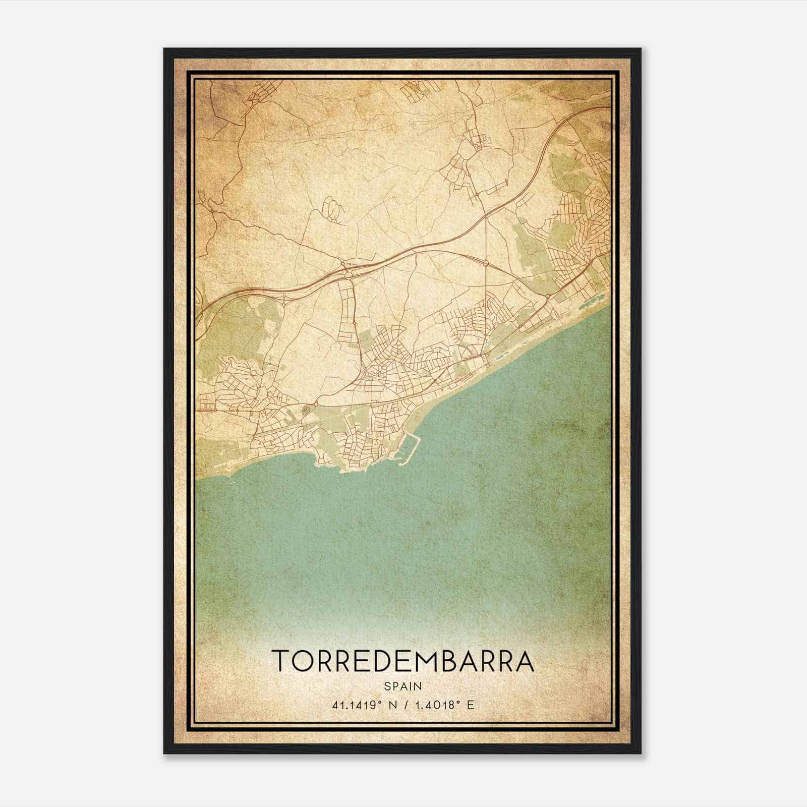 Vintage Torredembarra Spain Map Poster, Torredembarra City Road Wall Art Print