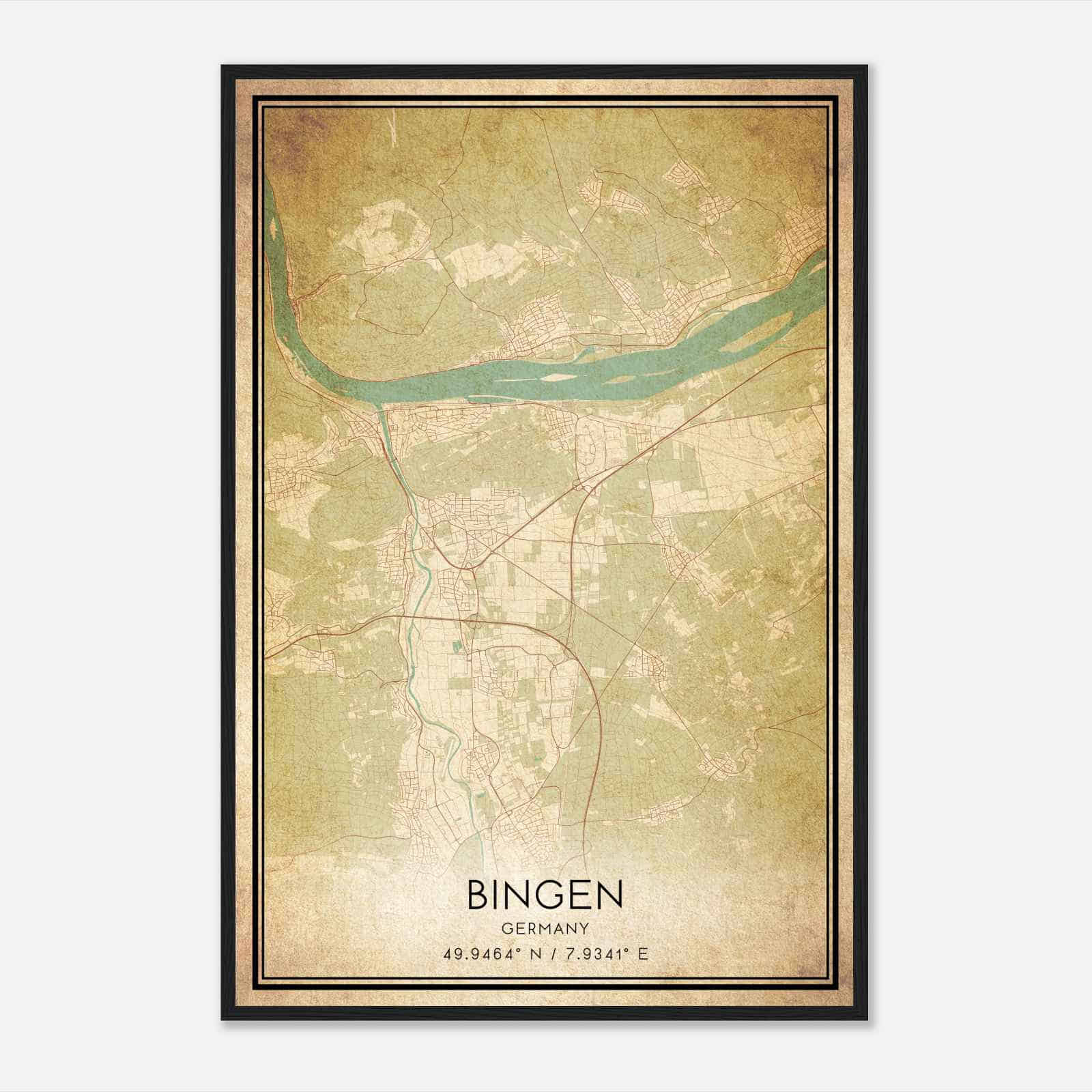 Vintage Bingen am Rhein Germany Map Poster, Bingen am Rhein City Road Wall Art Print