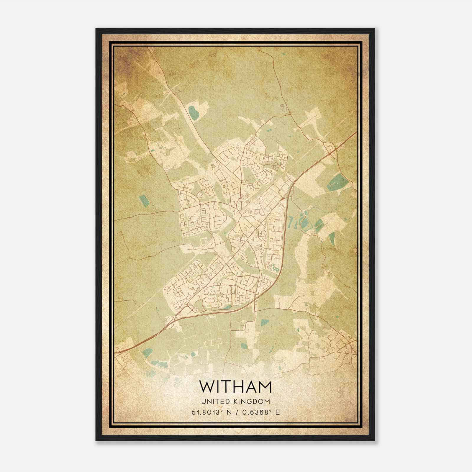 Vintage Witham United Kingdom Map Poster Witham City Road Wall Art 