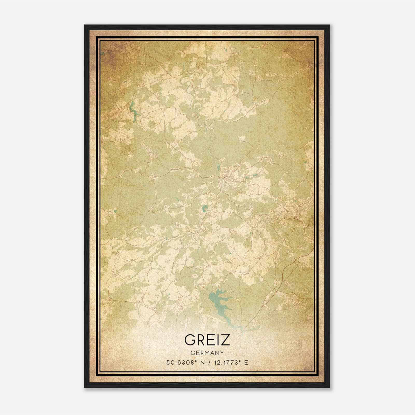 Vintage Greiz Germany Map Poster, Greiz City Road Wall Art Print