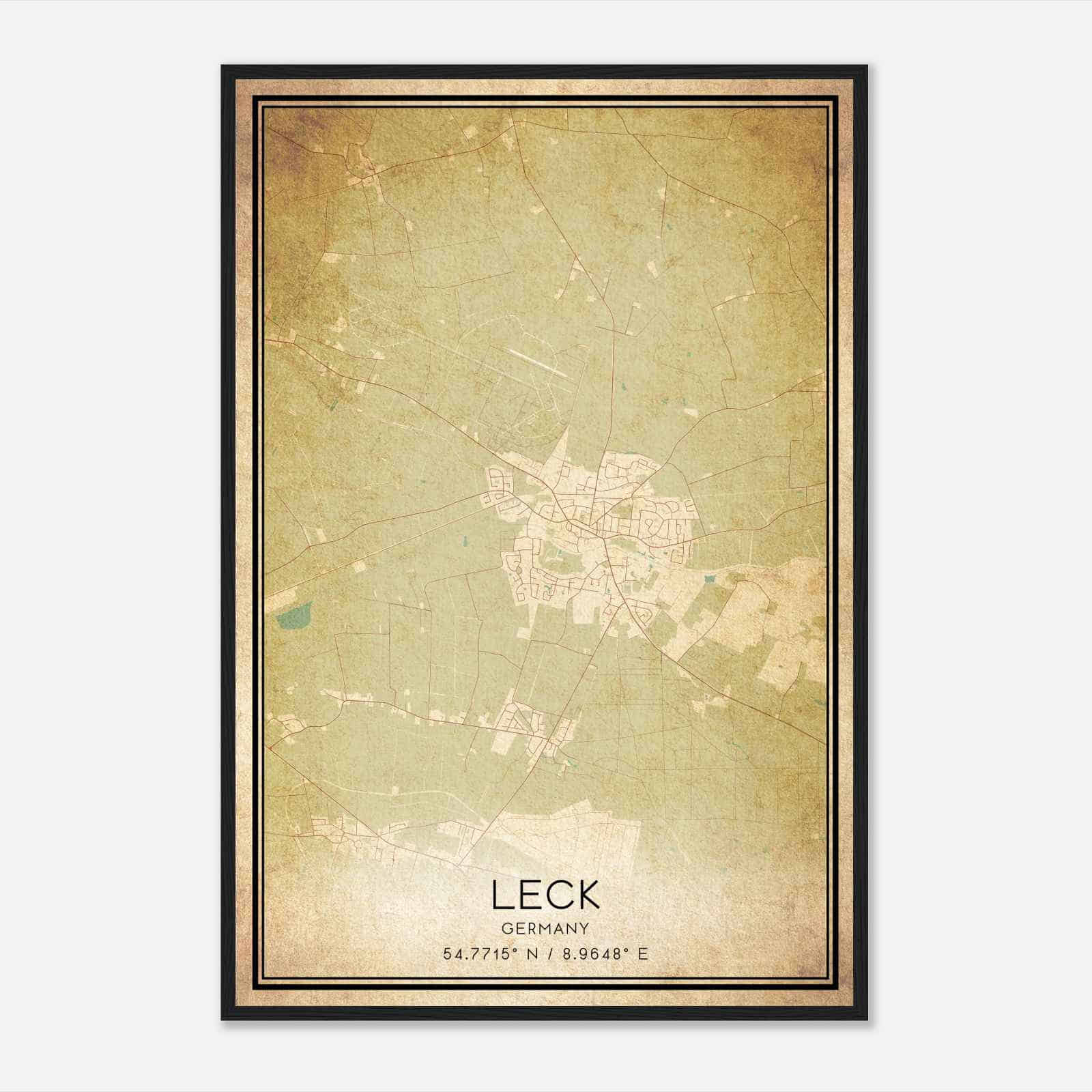 Vintage Leck Germany Map Poster, Leck City Road Wall Art Print