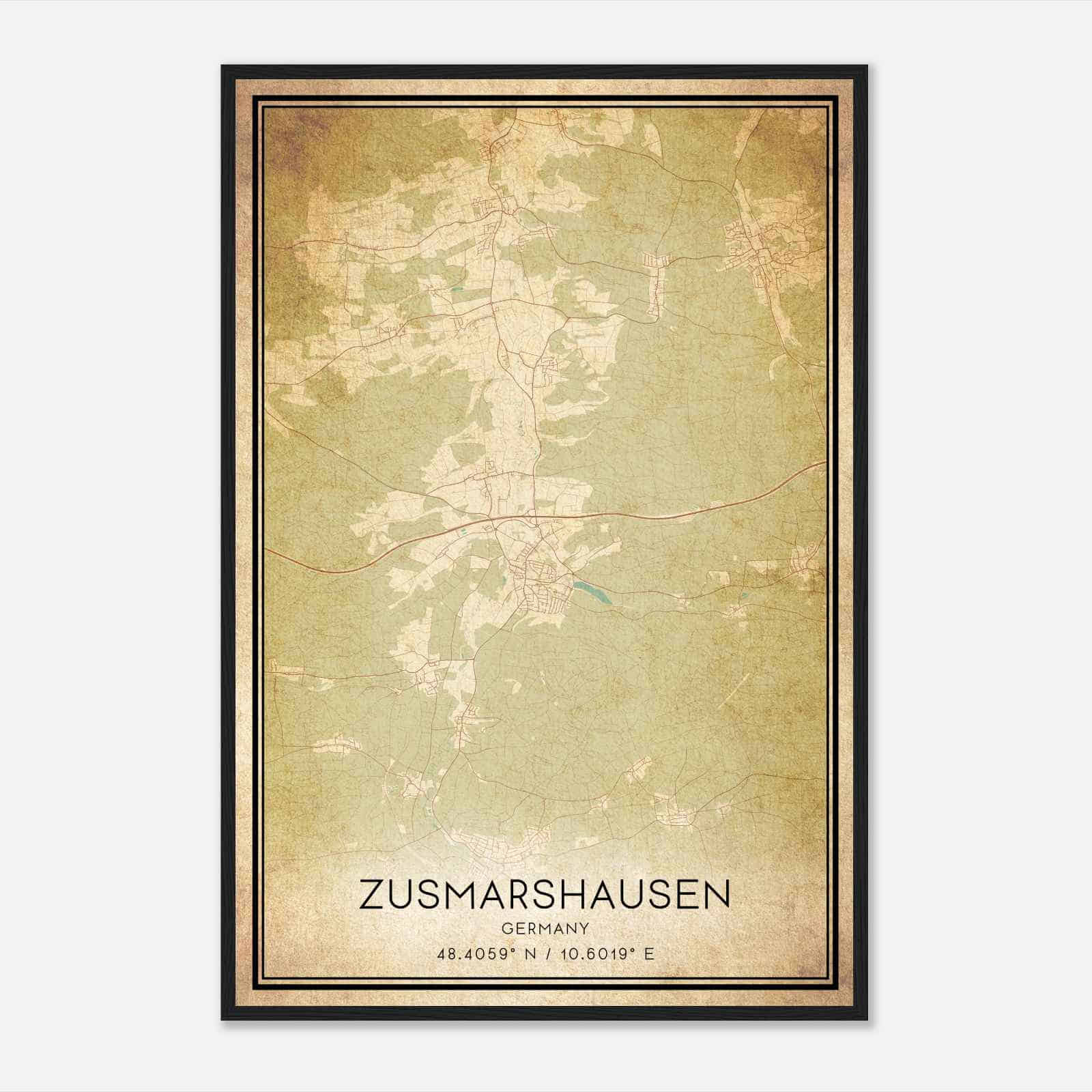Vintage Zusmarshausen Germany Map Poster, Zusmarshausen City Road Wall Art Print