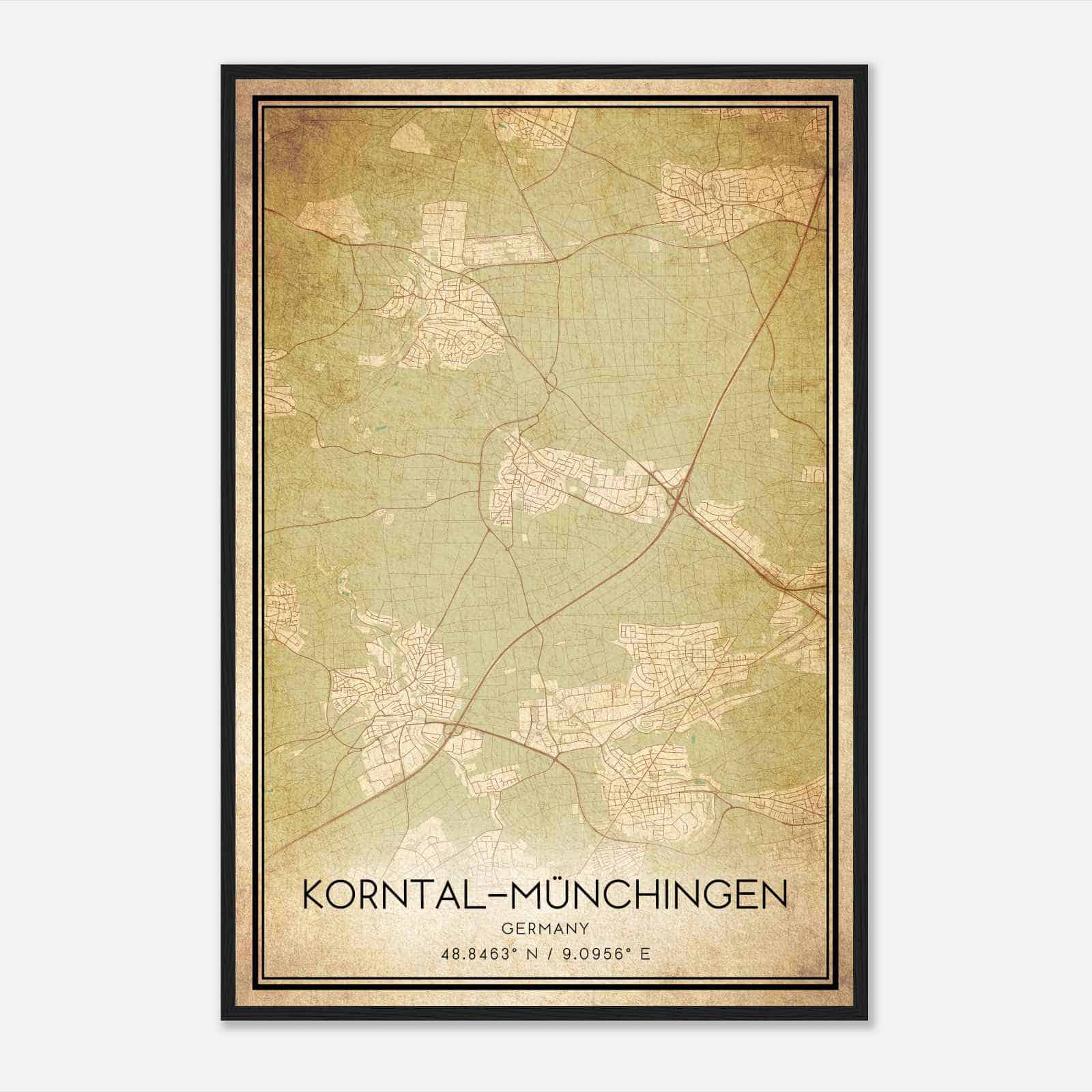 Vintage Korntal-Munchingen Germany Map Poster, Korntal-Munchingen City Road Wall Art Print