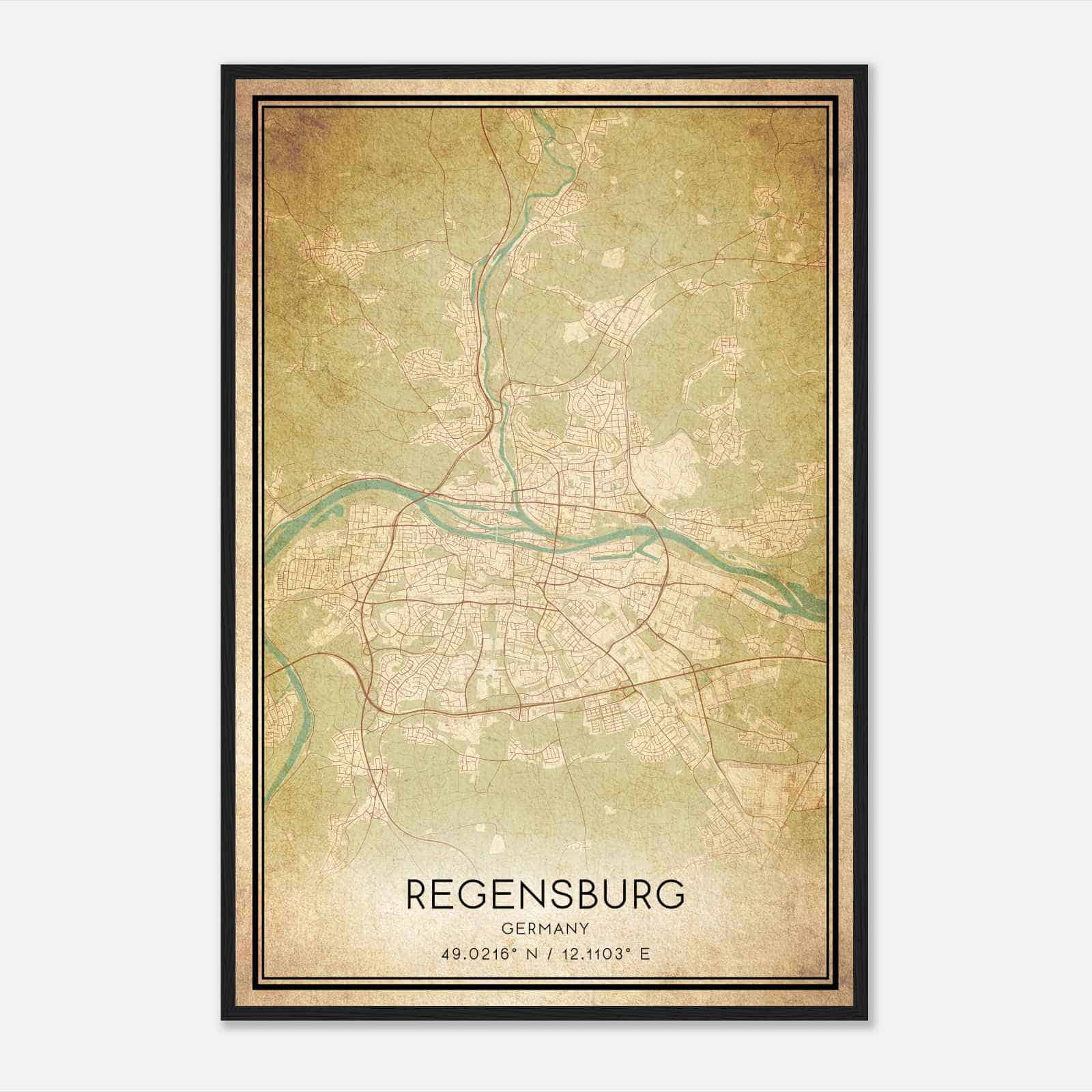Vintage Regensburg Germany Map Poster, Regensburg City Road Wall Art Print