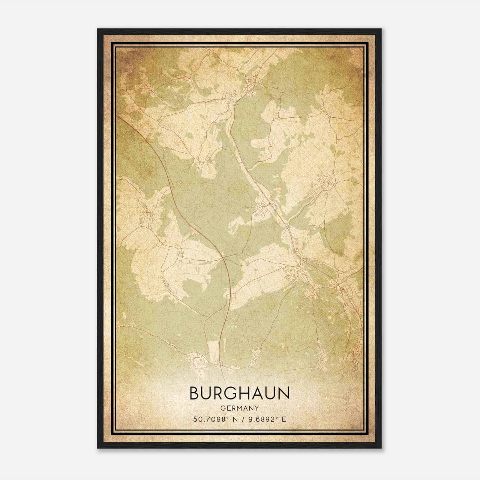 Vintage Burghaun Germany Map Poster, Burghaun City Road Wall Art Print