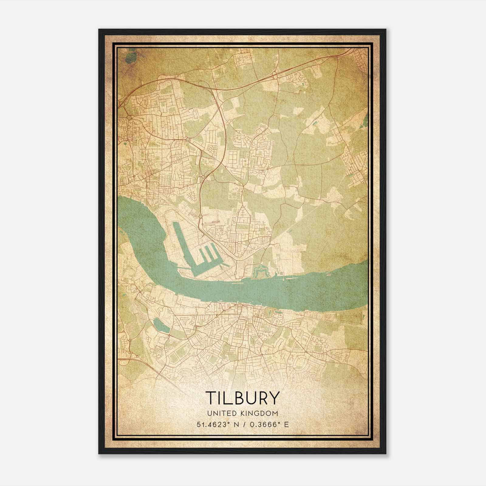 Vintage Tilbury United Kingdom Map Poster, Tilbury City Road Wall Art Print