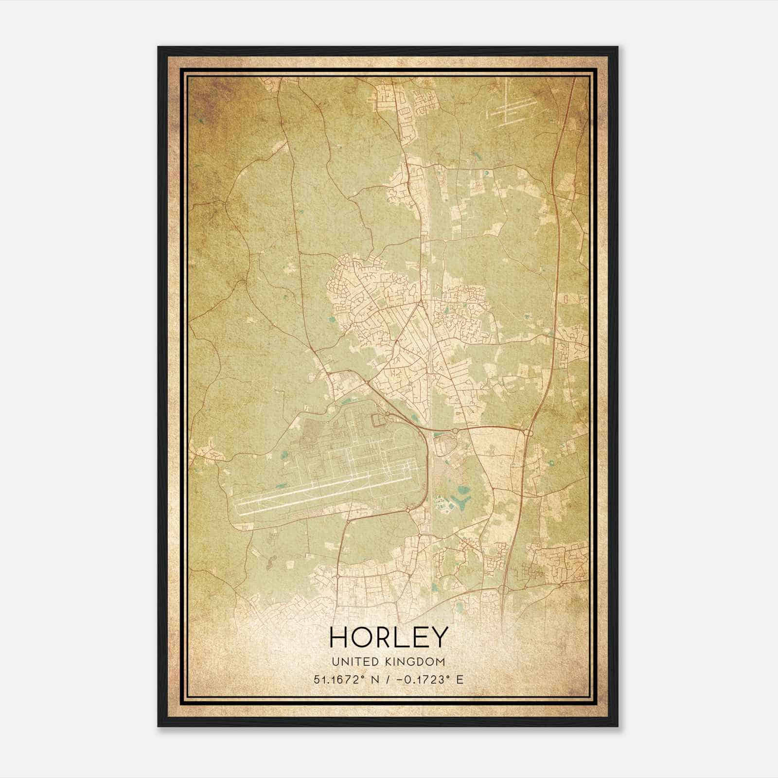 Vintage Horley United Kingdom Map Poster, Horley City Road Wall Art Print