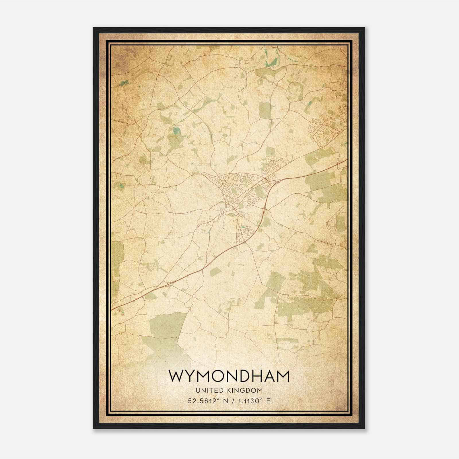 Vintage Wymondham United Kingdom Map Poster, Wymondham City Road Wall Art Print