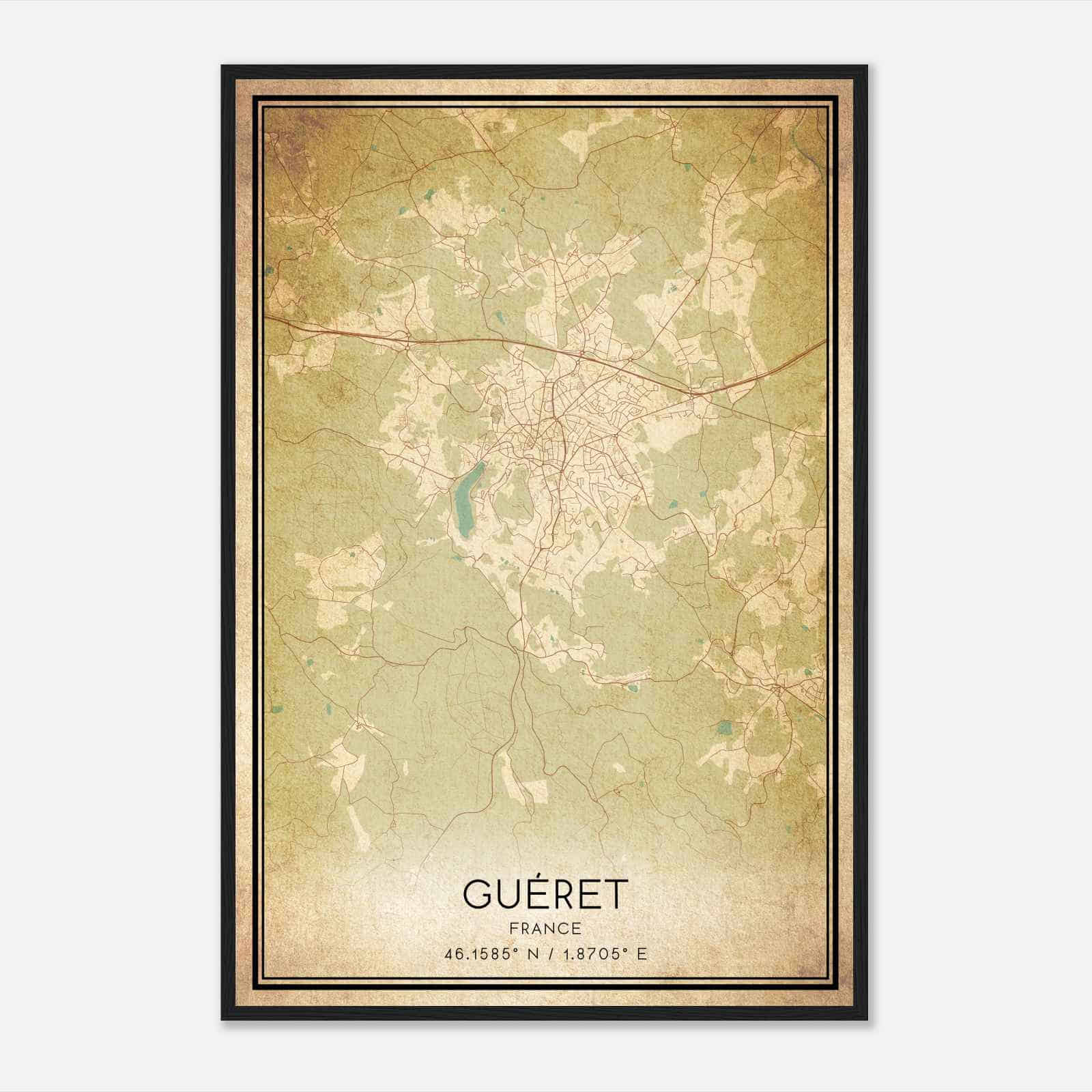 Vintage Gueret France Map Poster, Gueret City Road Wall Art Print