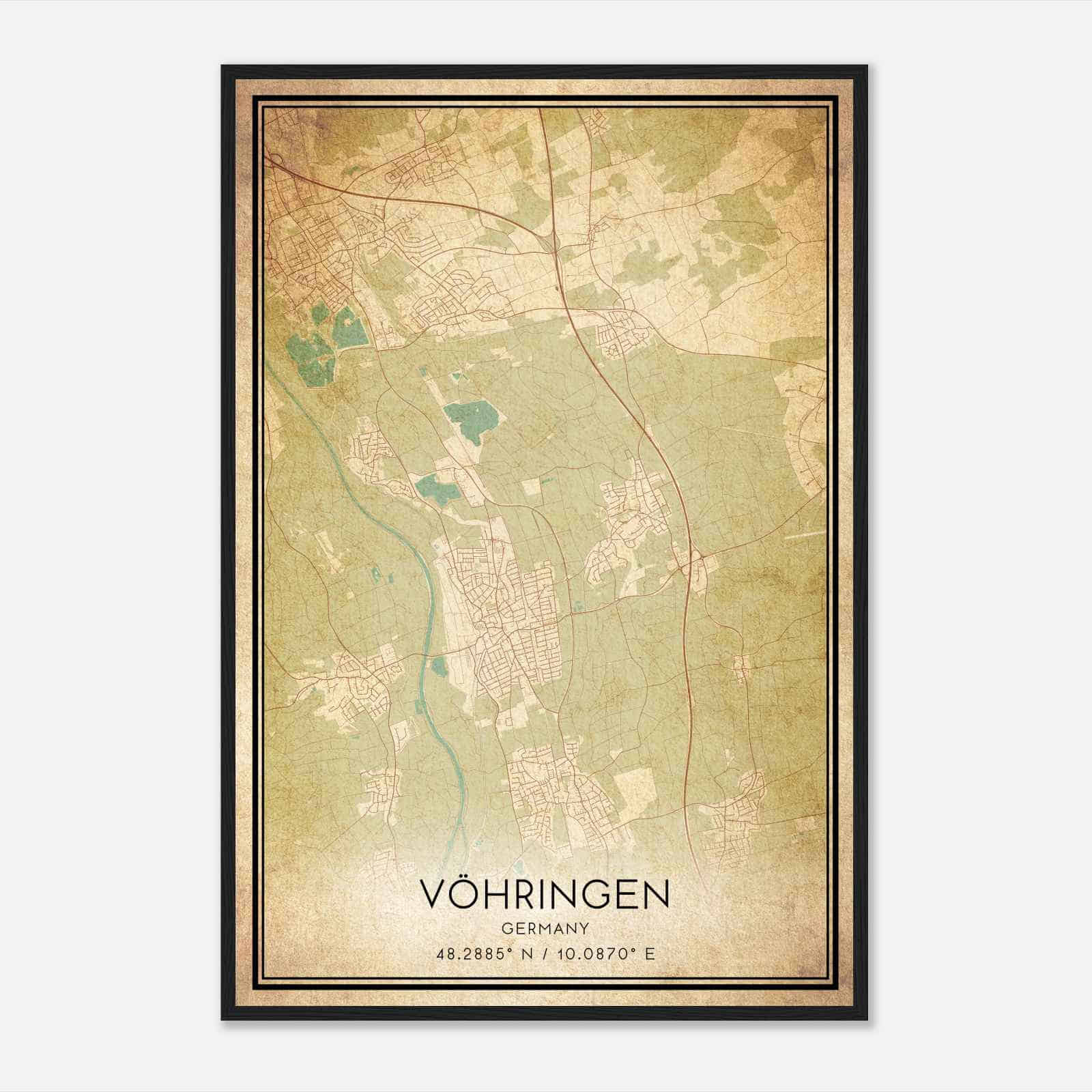 Vintage Vohringen Germany Map Poster, Vohringen City Road Wall Art Print