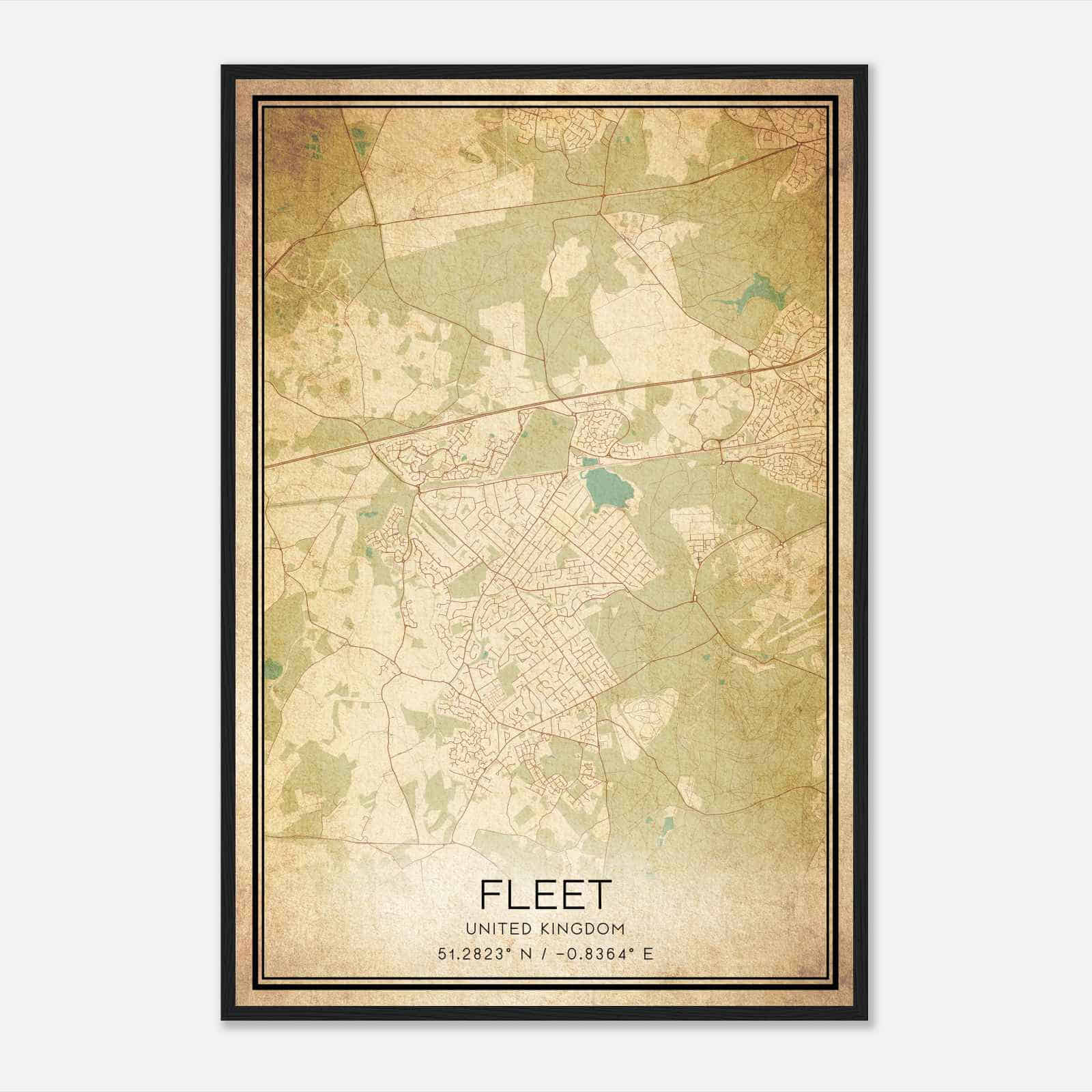Vintage Fleet United Kingdom Map Poster, Fleet City Road Wall Art Print