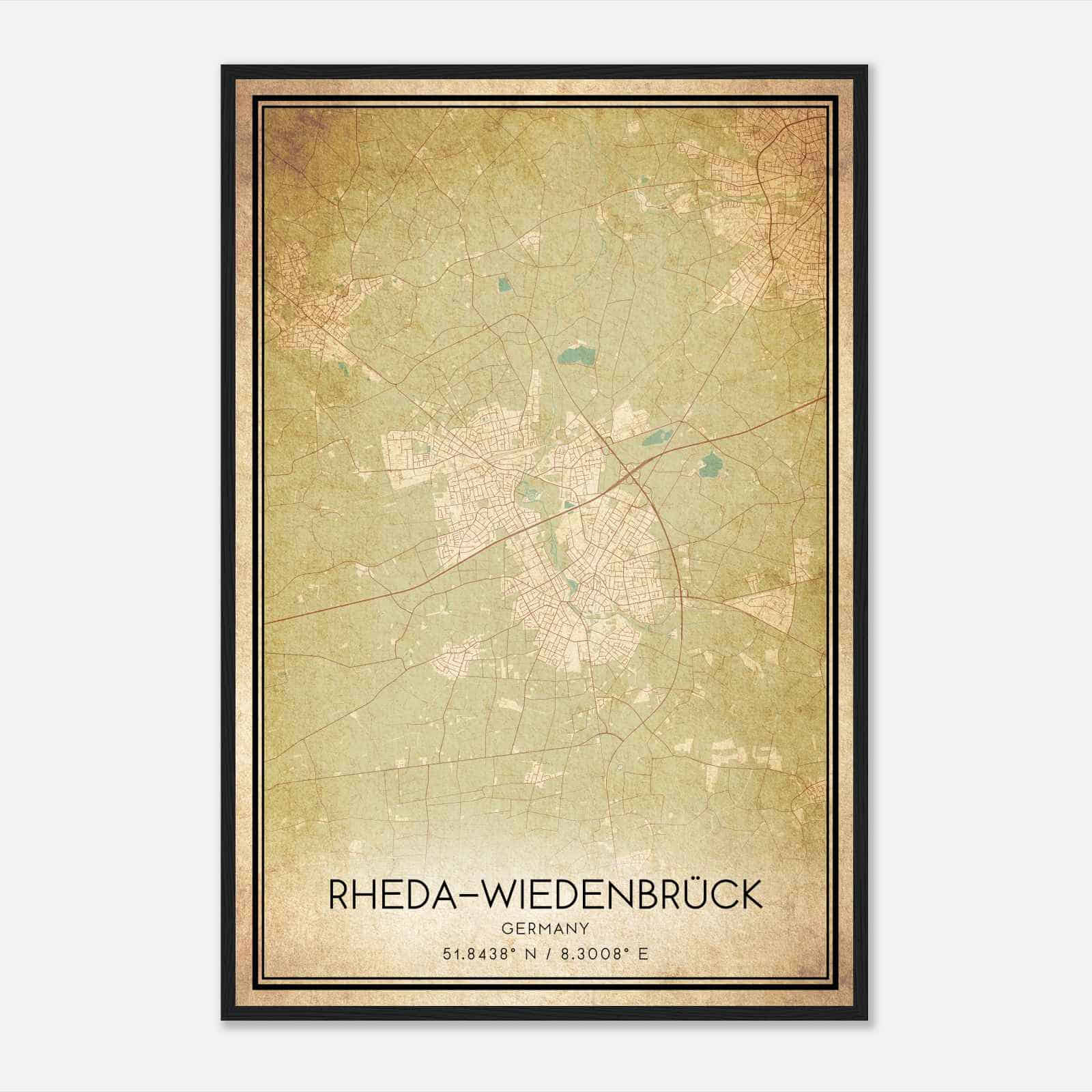 Vintage Rheda-Wiedenbruck Germany Map Poster, Rheda-Wiedenbruck City Road Wall Art Print