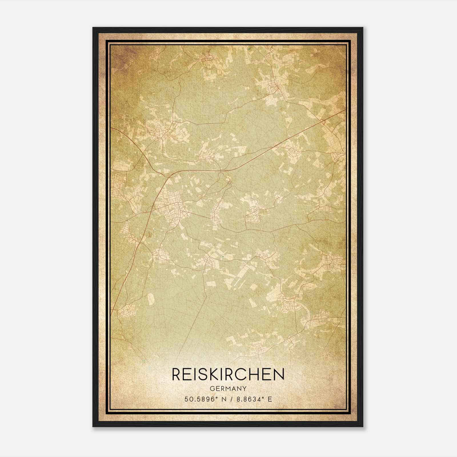 Vintage Reiskirchen Germany Map Poster, Reiskirchen City Road Wall Art Print