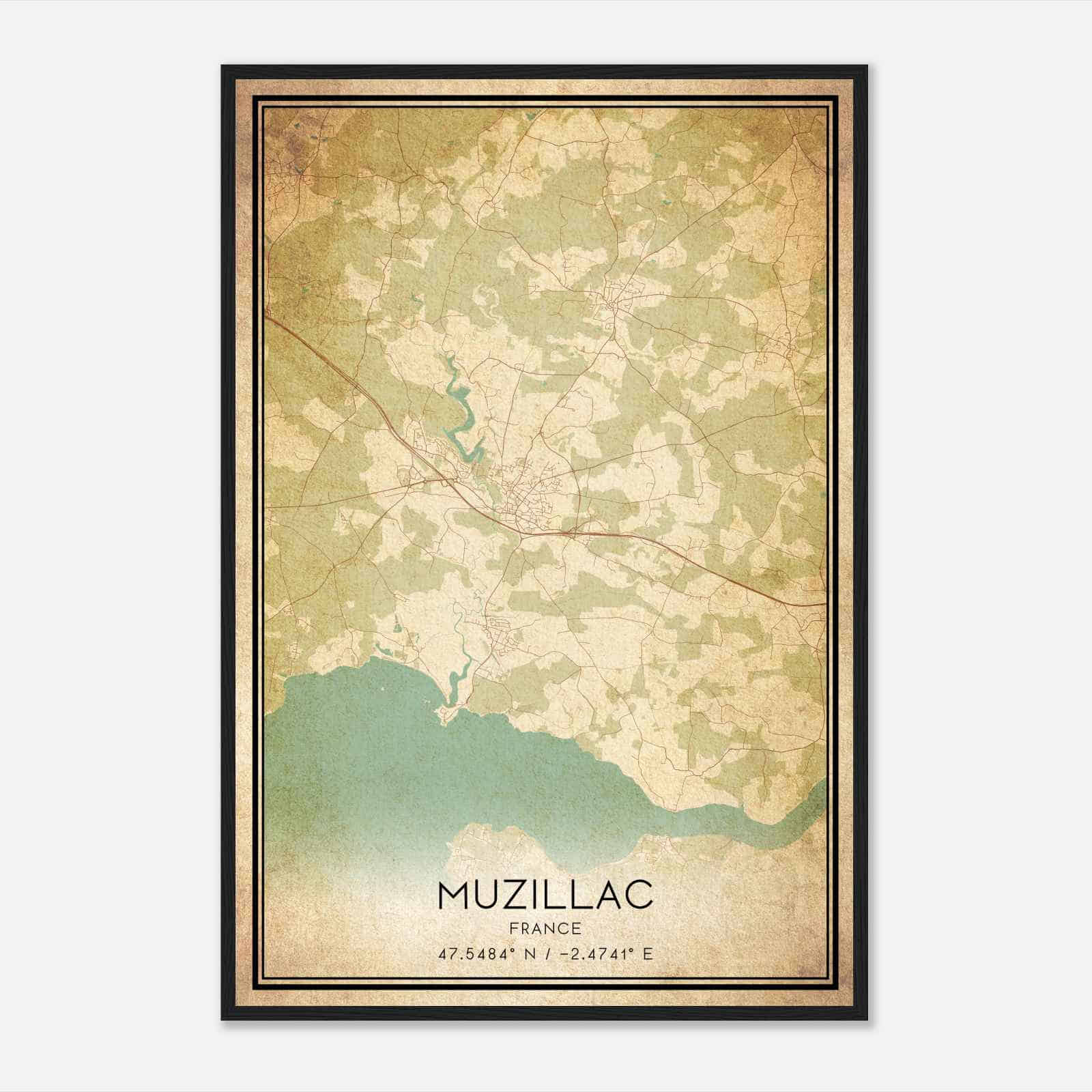 Vintage Muzillac France Map Poster, Muzillac City Road Wall Art Print