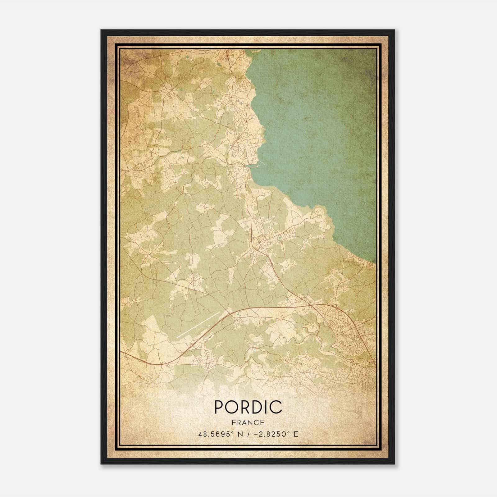 Vintage Pordic France Map Poster, Pordic City Road Wall Art Print