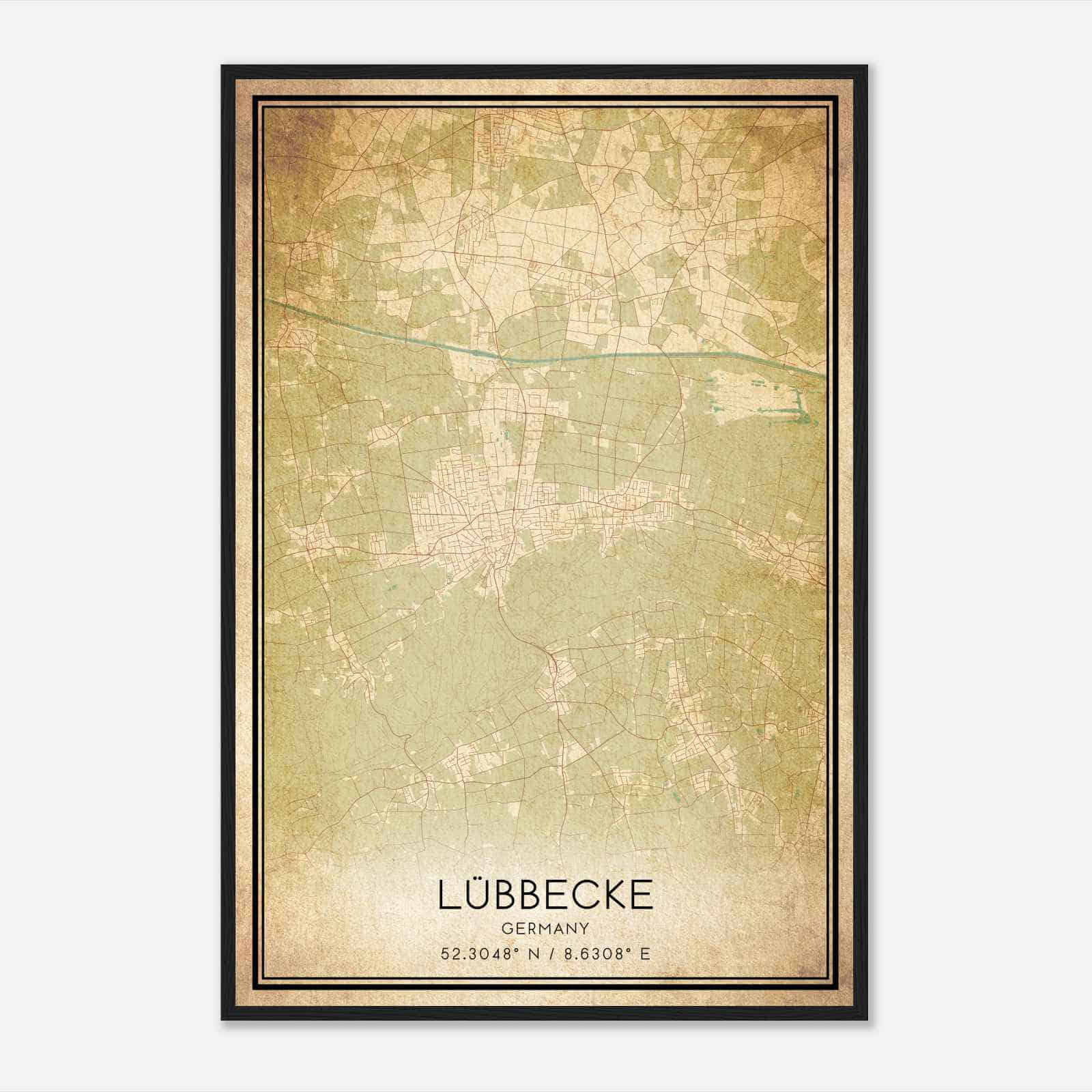 Vintage Lubbecke Germany Map Poster, Lubbecke City Road Wall Art Print