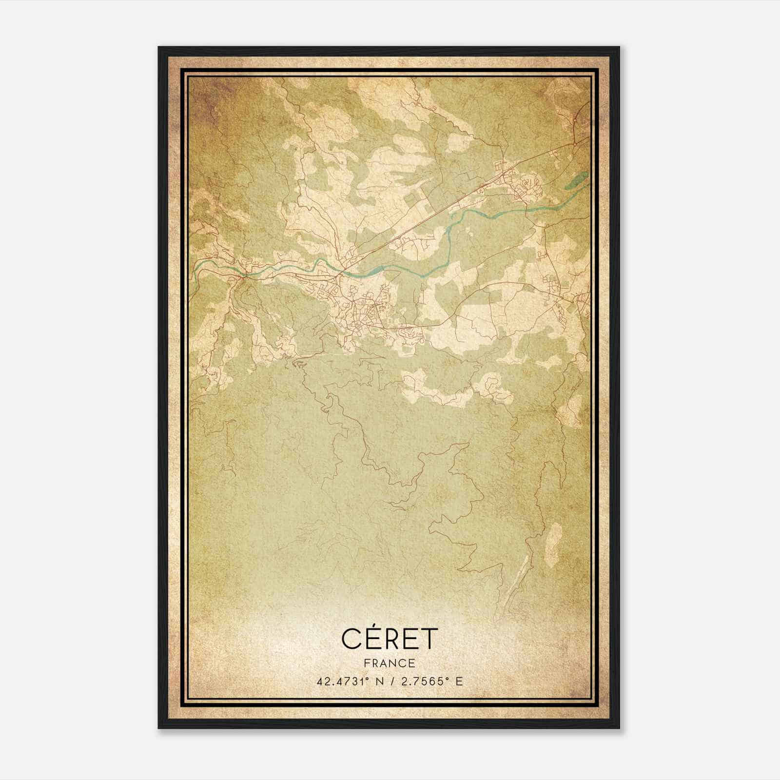 Vintage Ceret France Map Poster, Ceret City Road Wall Art Print