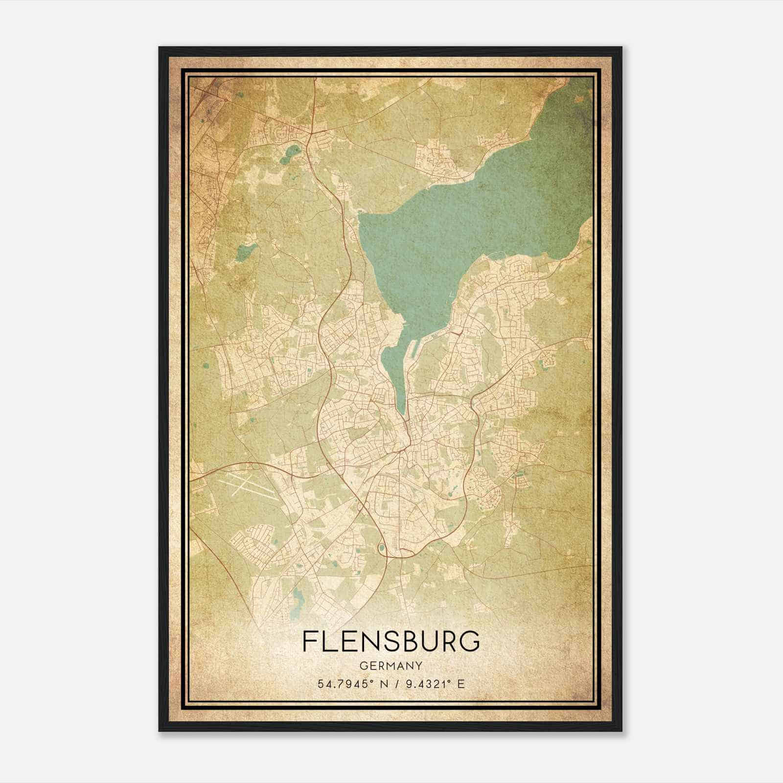 Vintage Flensburg Germany Map Poster, Flensburg City Road Wall Art Print