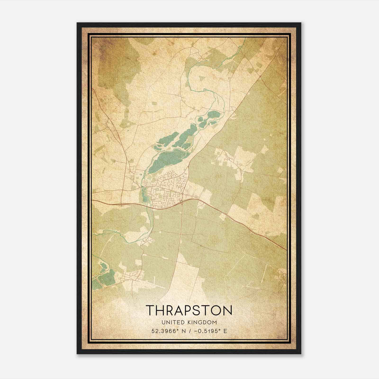 Vintage Thrapston United Kingdom Map Poster, Thrapston City Road Wall Art Print