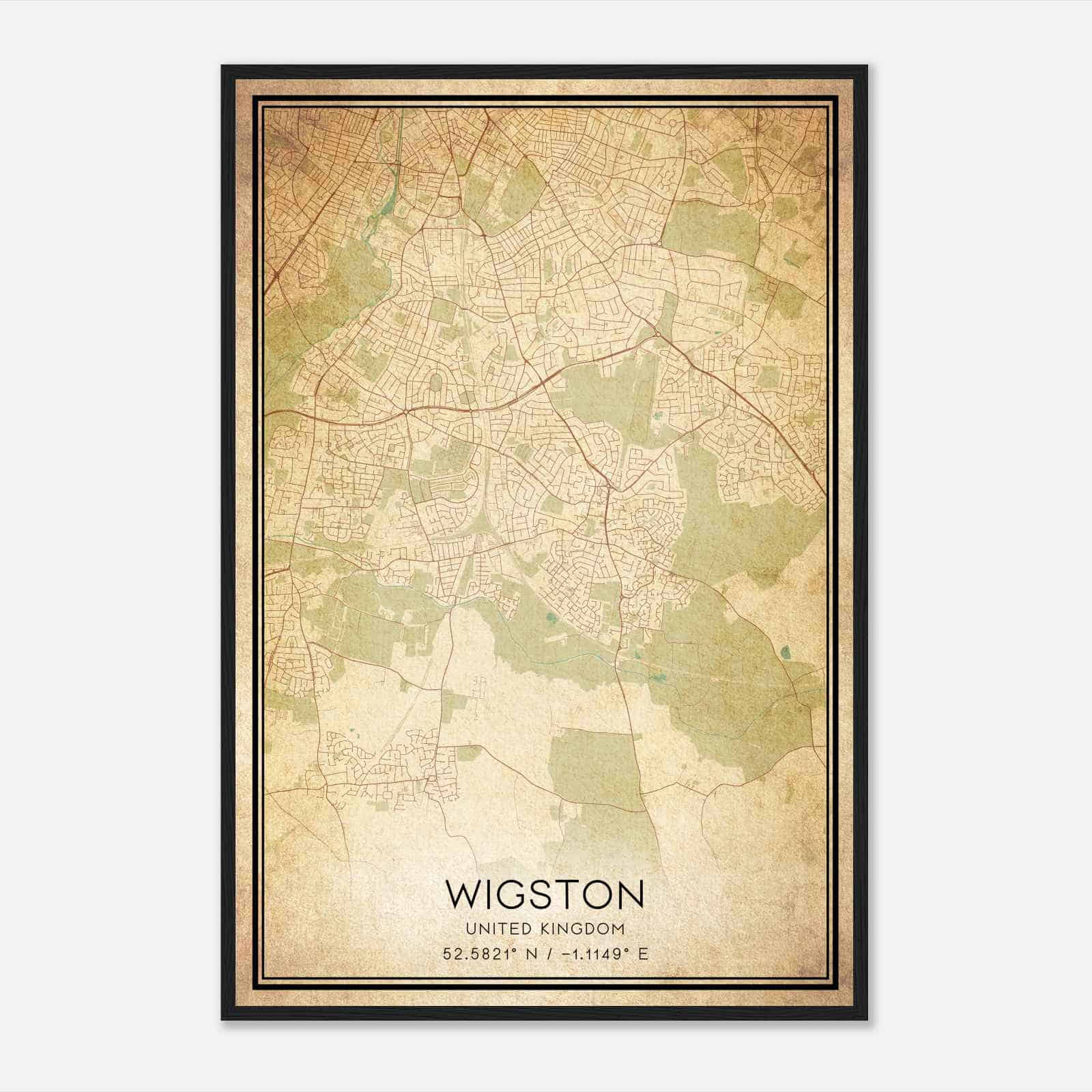 Vintage Wigston Magna United Kingdom Map Poster, Wigston Magna City Road Wall Art Print