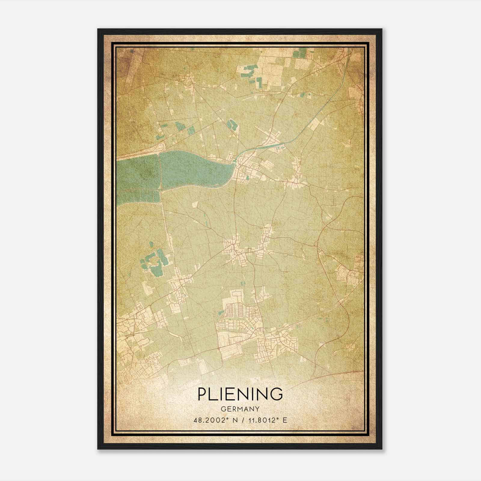 Vintage Pliening Germany Map Poster, Pliening City Road Wall Art Print