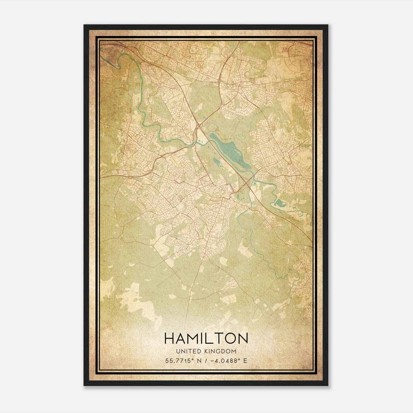 Vintage Hamilton United Kingdom Map Poster, Hamilton City Road Wall Art Print
