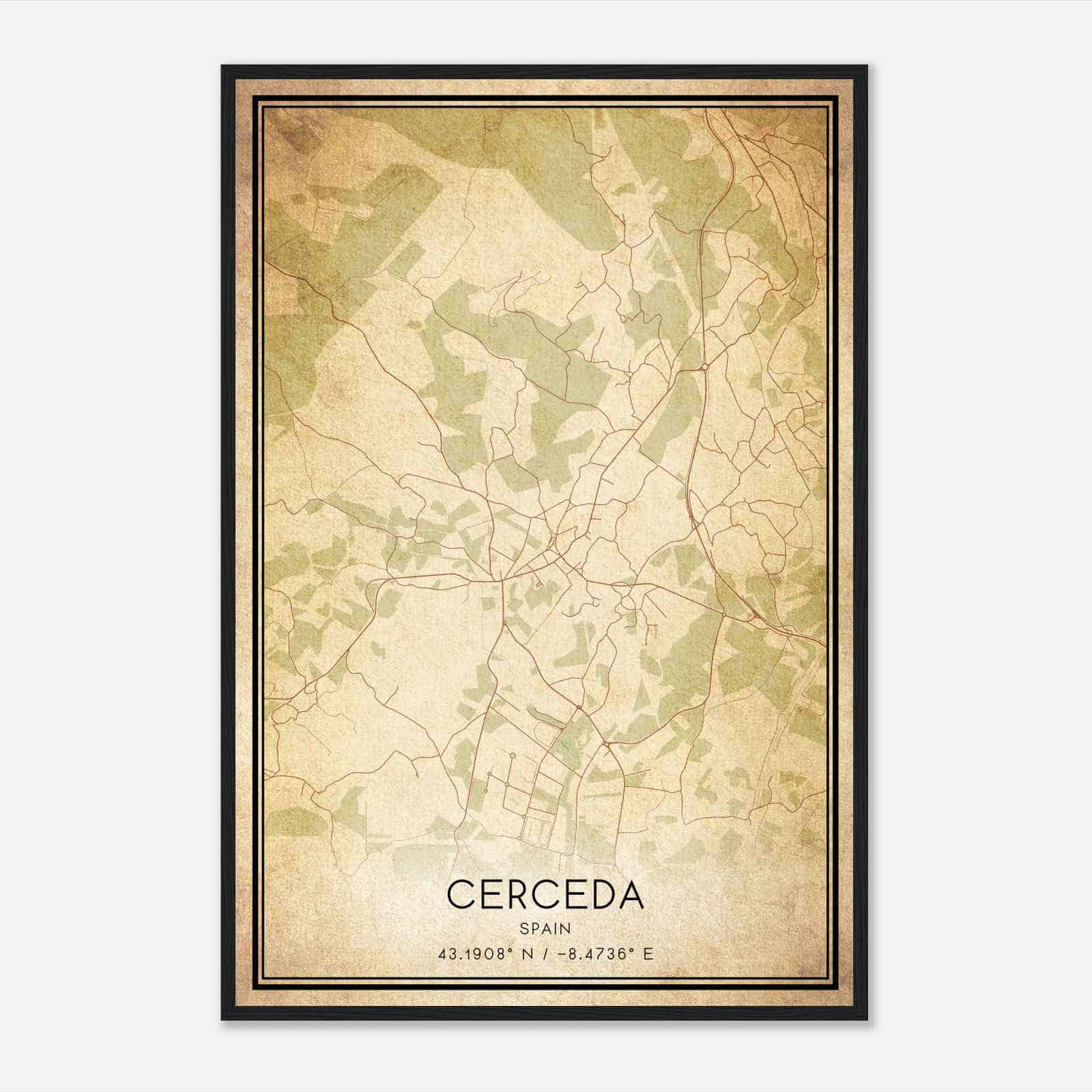 Vintage Cerceda Spain Map Poster, Cerceda City Road Wall Art Print