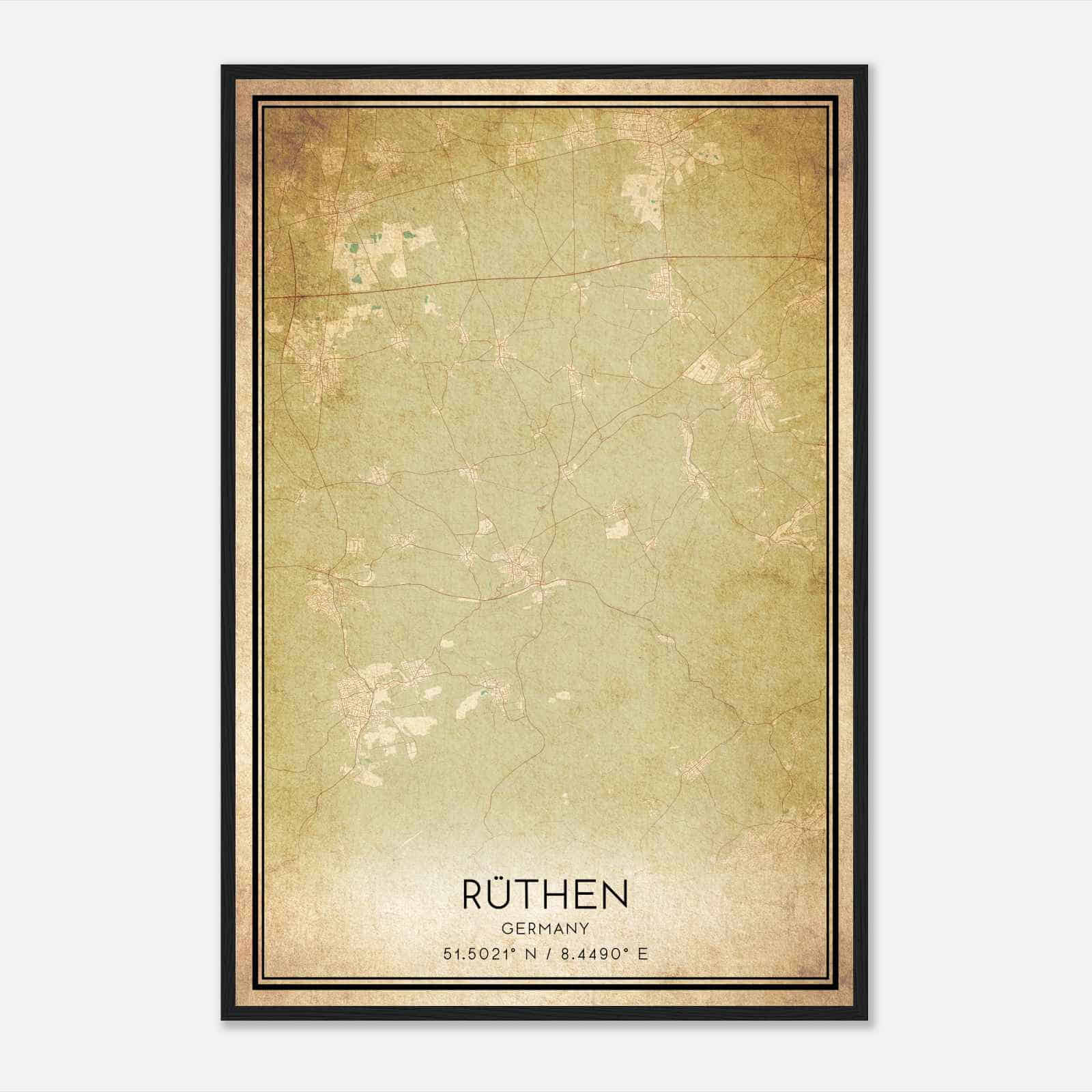 Vintage Ruthen Germany Map Poster, Ruthen City Road Wall Art Print