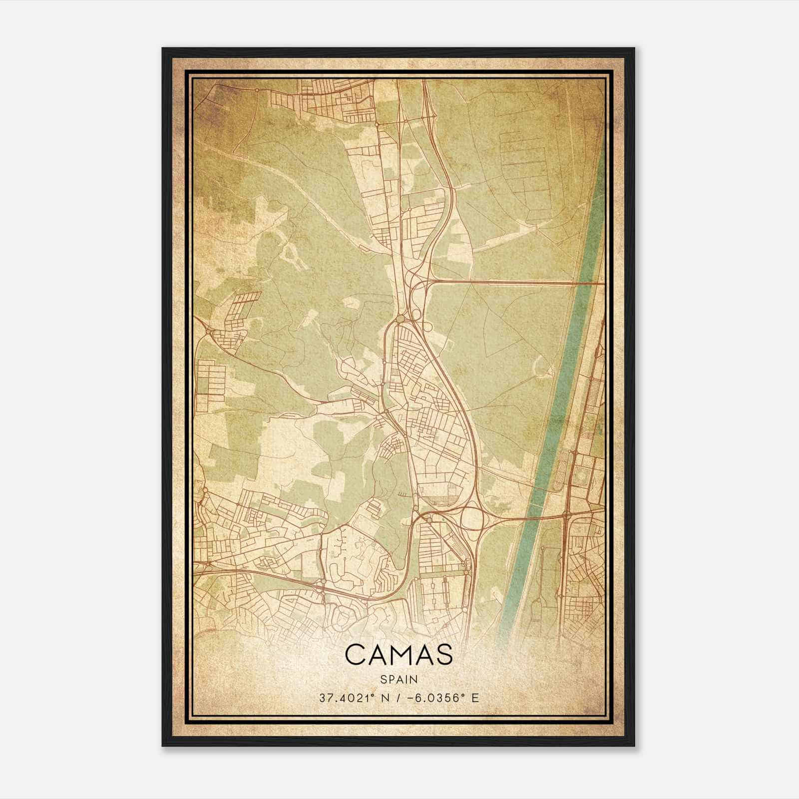 Vintage Camas Spain Map Poster, Camas City Road Wall Art Print