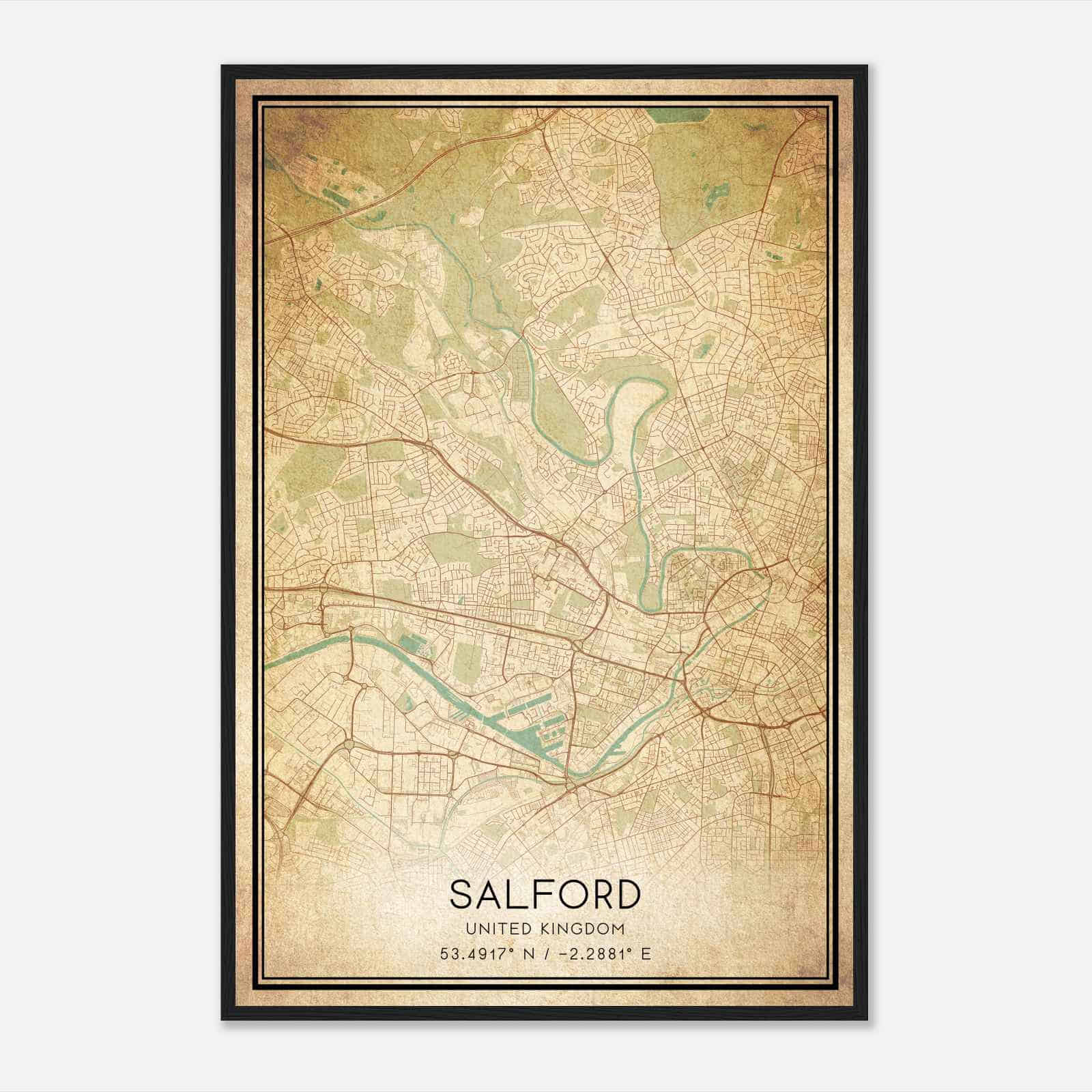 Vintage Salford United Kingdom Map Poster, Salford City Road Wall Art Print