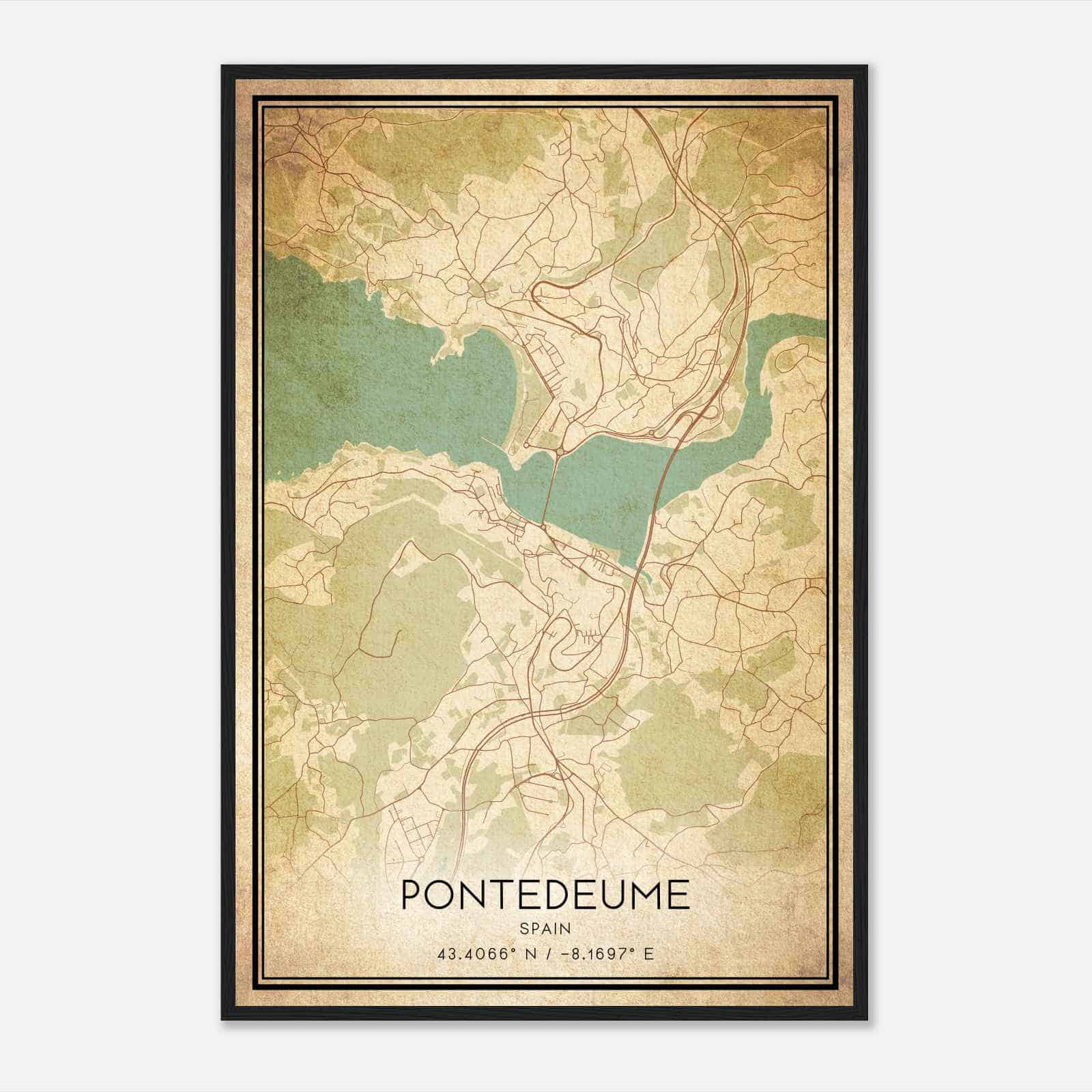 Vintage Puentedeume Spain Map Poster, Puentedeume City Road Wall Art Print