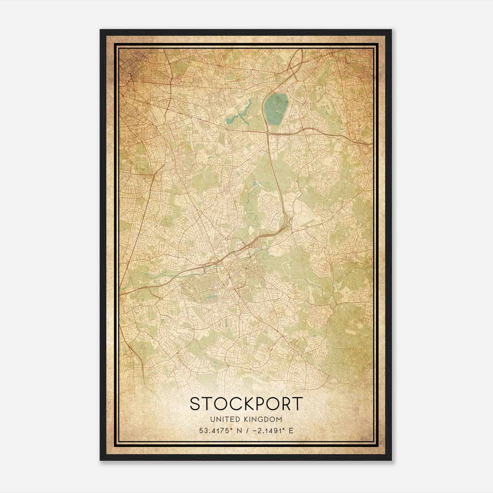Vintage Stockport United Kingdom Map Poster, Stockport City Road Wall Art Print