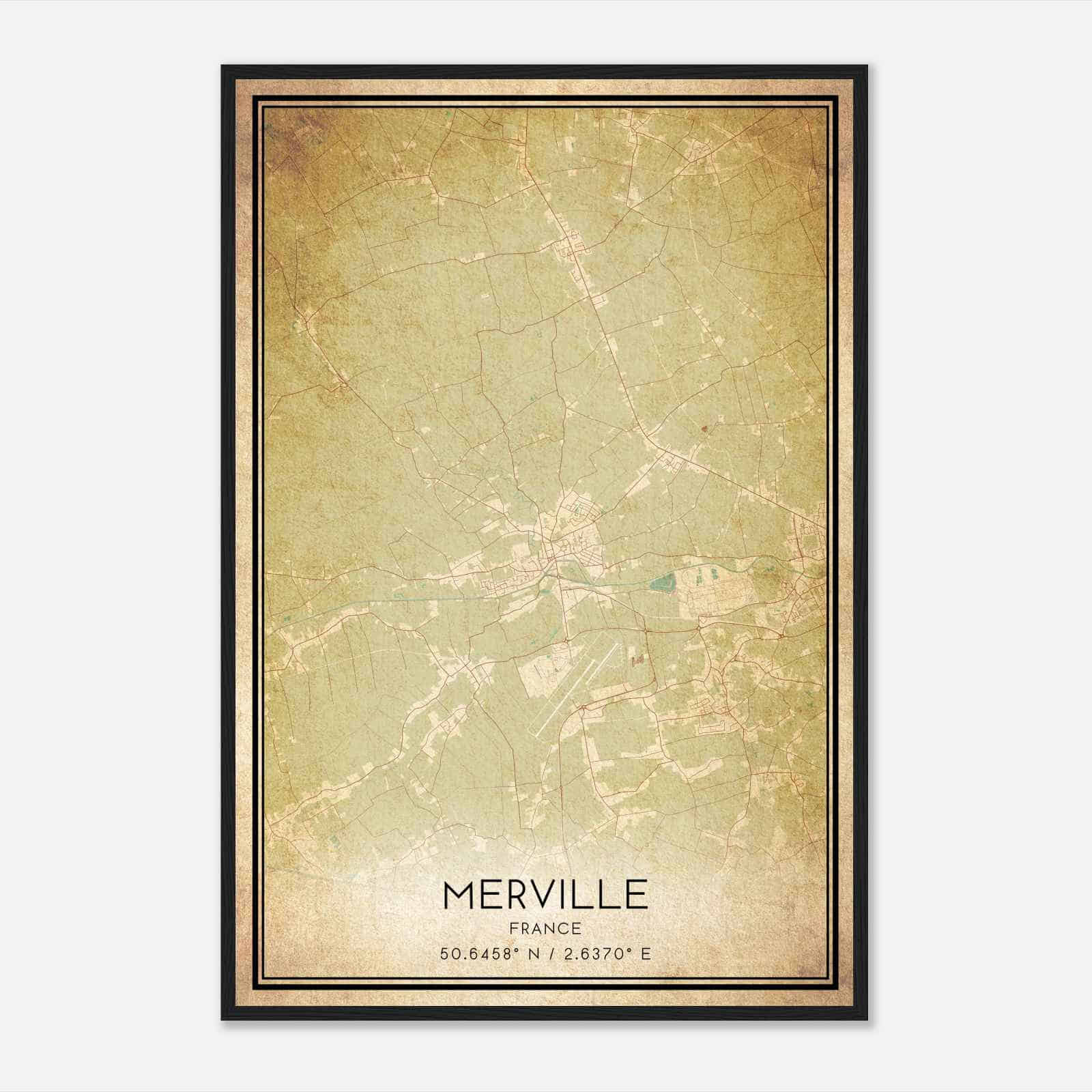 Vintage Merville France Map Poster, Merville City Road Wall Art Print