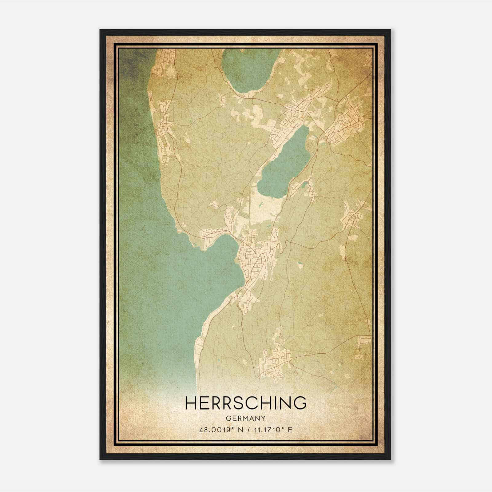 Vintage Herrsching am Ammersee Germany Map Poster, Herrsching am Ammersee City Road Wall Art Print