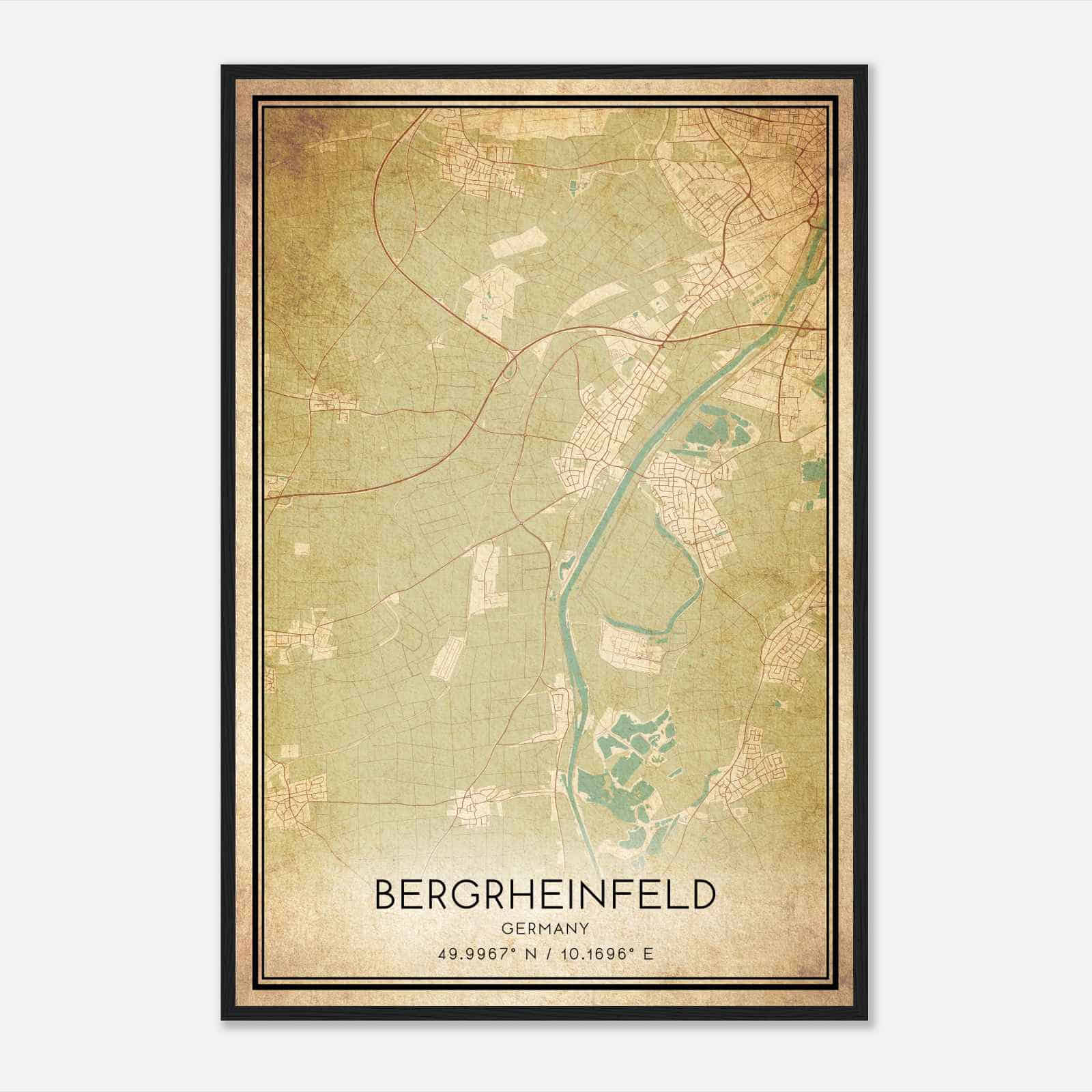 Vintage Bergrheinfeld Germany Map Poster, Bergrheinfeld City Road Wall Art Print