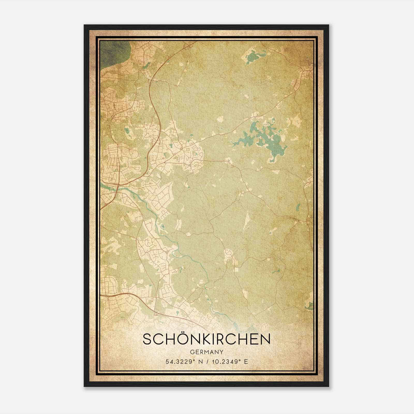 Vintage Schonkirchen Germany Map Poster, Schonkirchen City Road Wall Art Print