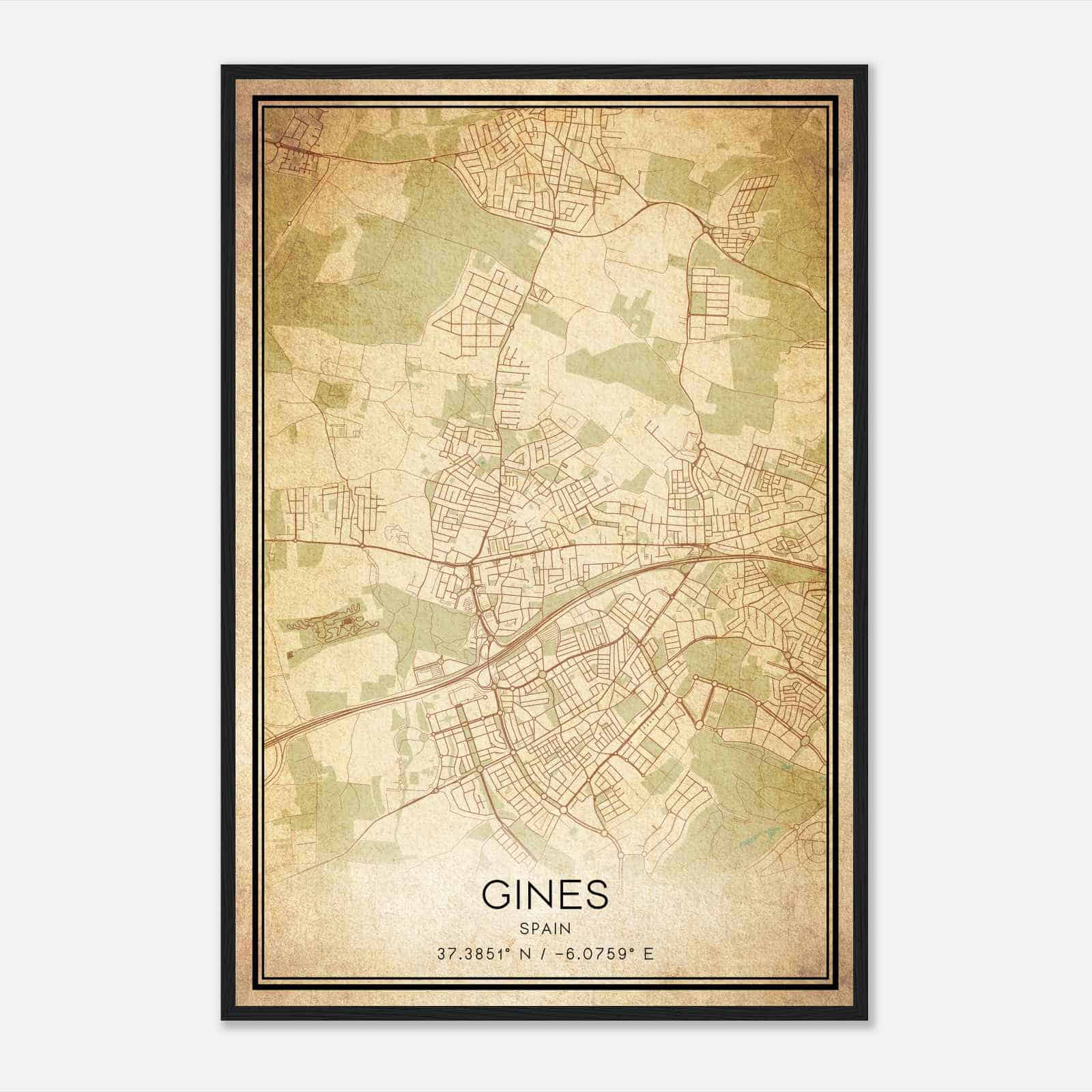 Vintage Gines Spain Map Poster, Gines City Road Wall Art Print