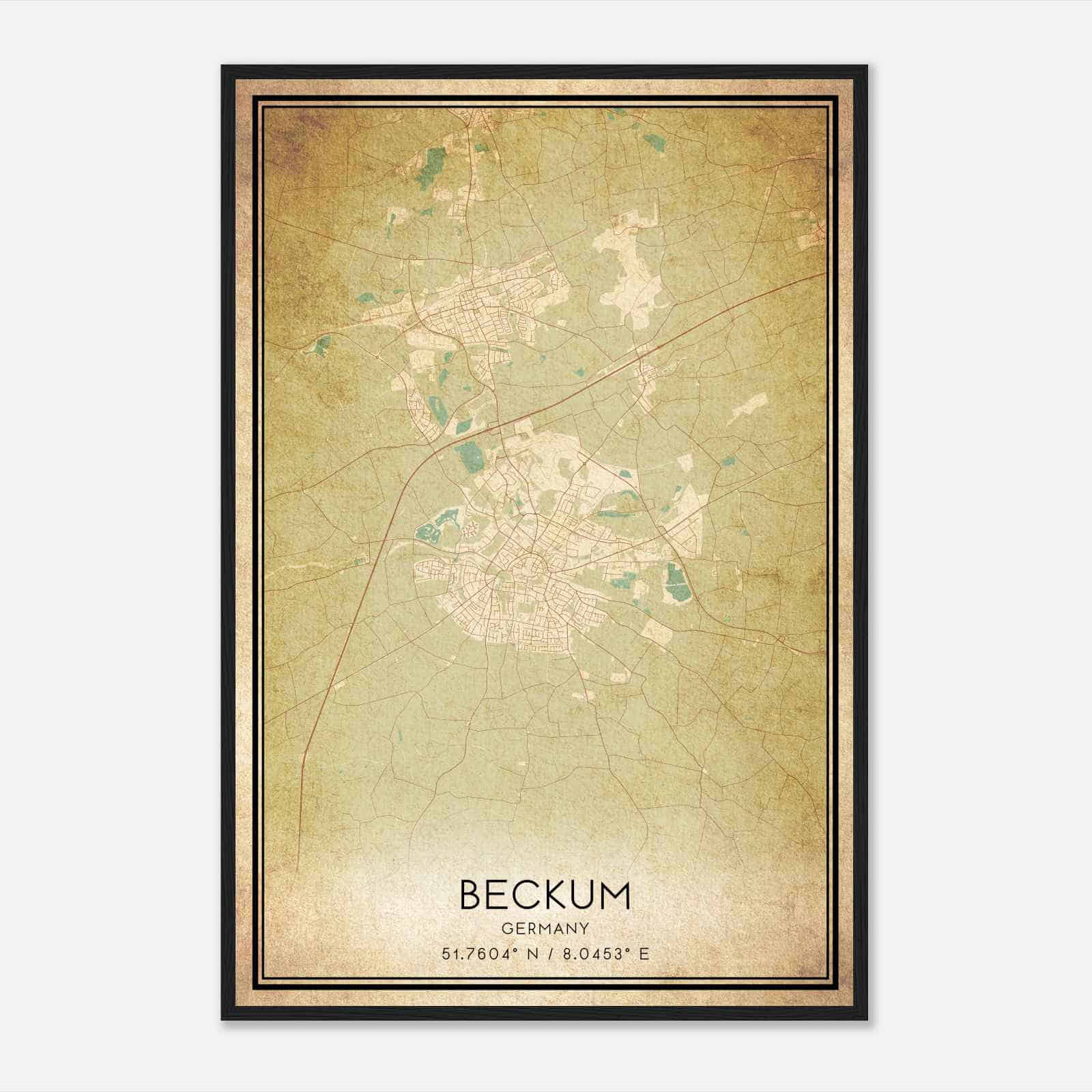 Vintage Beckum Germany Map Poster, Beckum City Road Wall Art Print