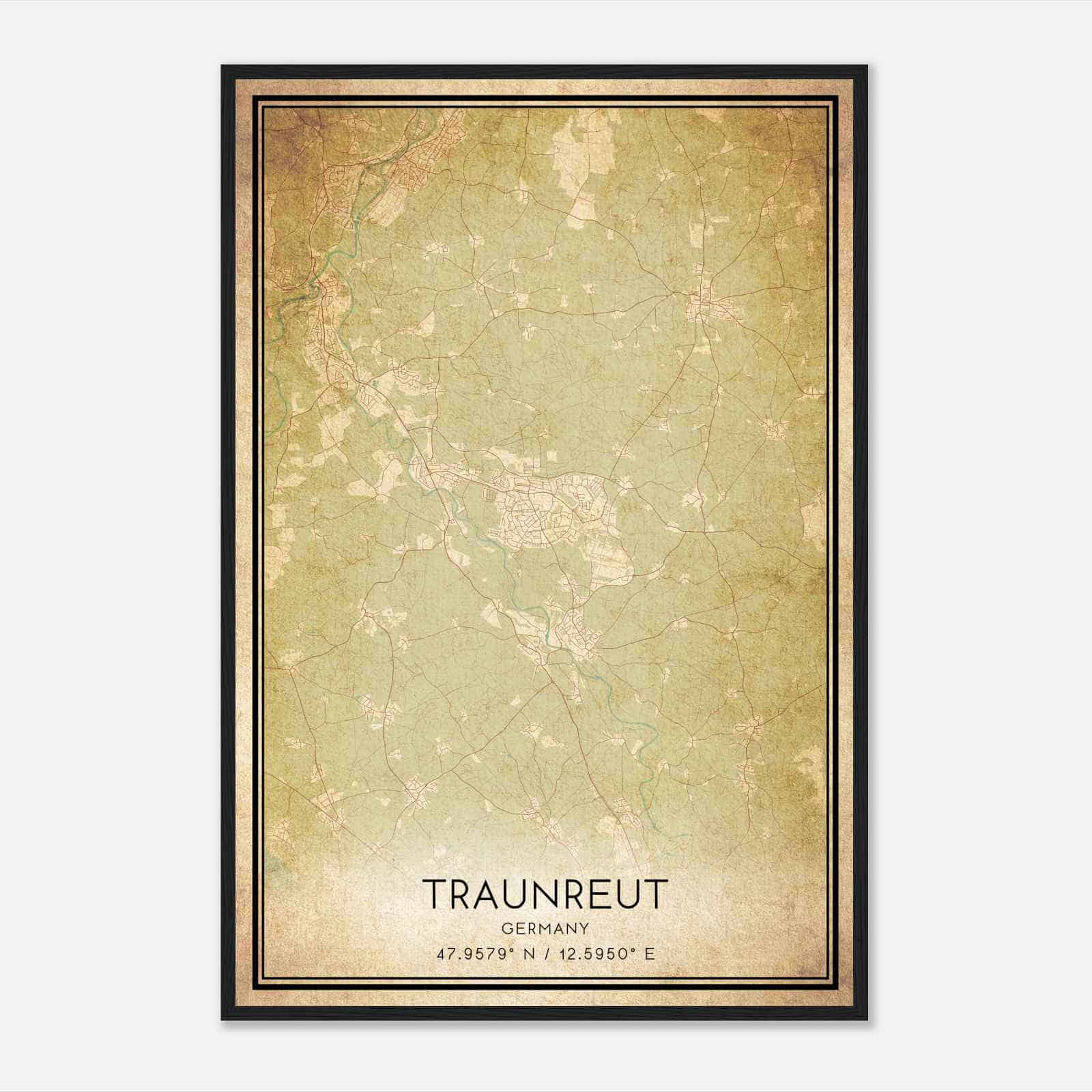 Vintage Traunreut Germany Map Poster, Traunreut City Road Wall Art Print