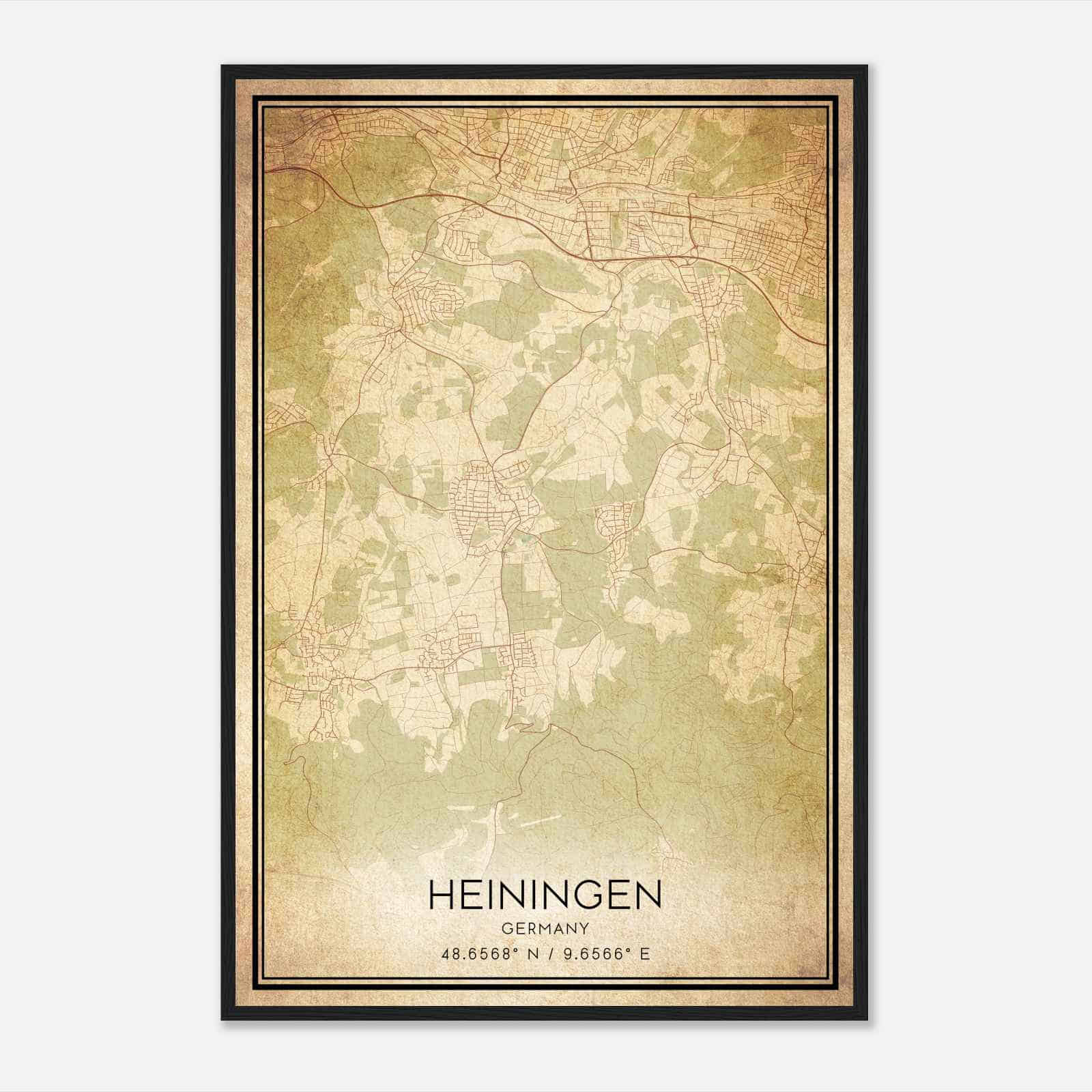 Vintage Heiningen Germany Map Poster, Heiningen City Road Wall Art Print