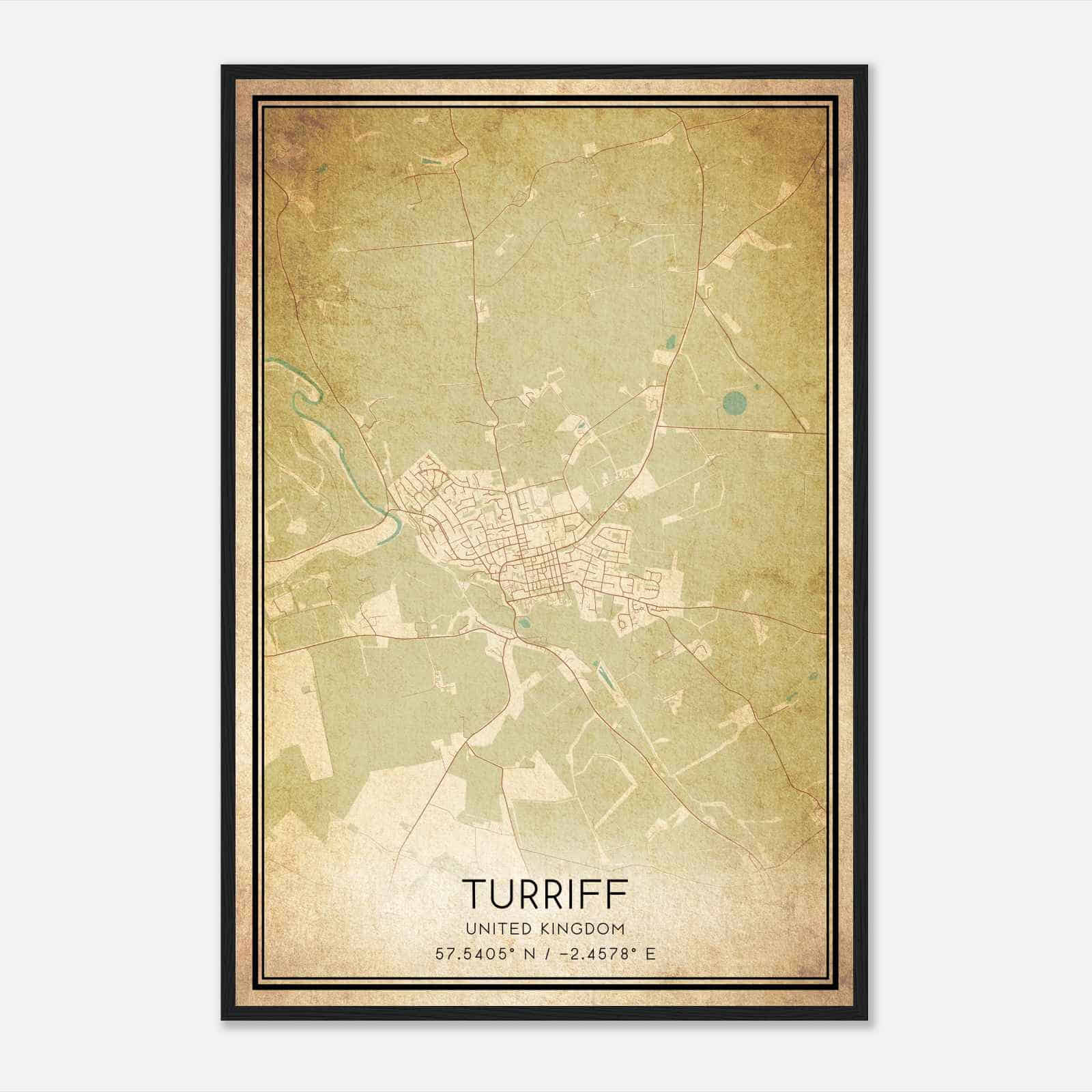 Vintage Turriff United Kingdom Map Poster, Turriff City Road Wall Art Print