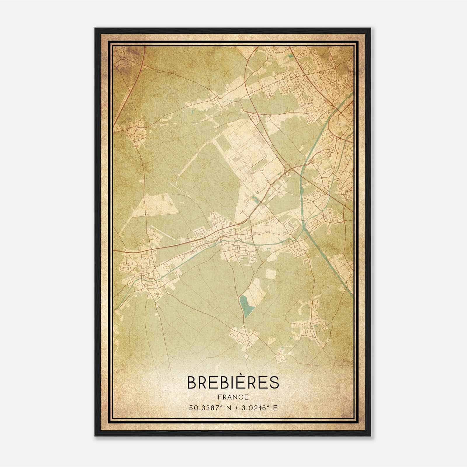 Vintage Brebieres France Map Poster, Brebieres City Road Wall Art Print