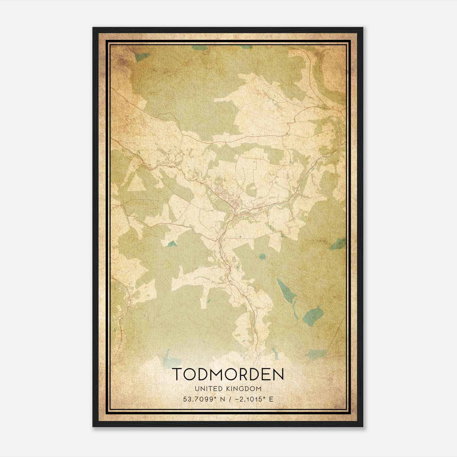 Vintage Todmorden United Kingdom Map Poster, Todmorden City Road Wall Art Print