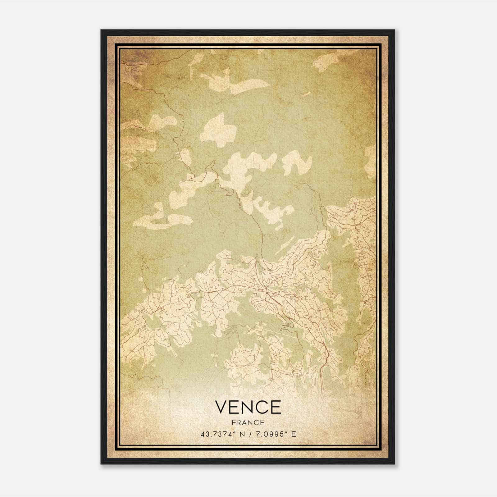 Vintage Vence France Map Poster, Vence City Road Wall Art Print
