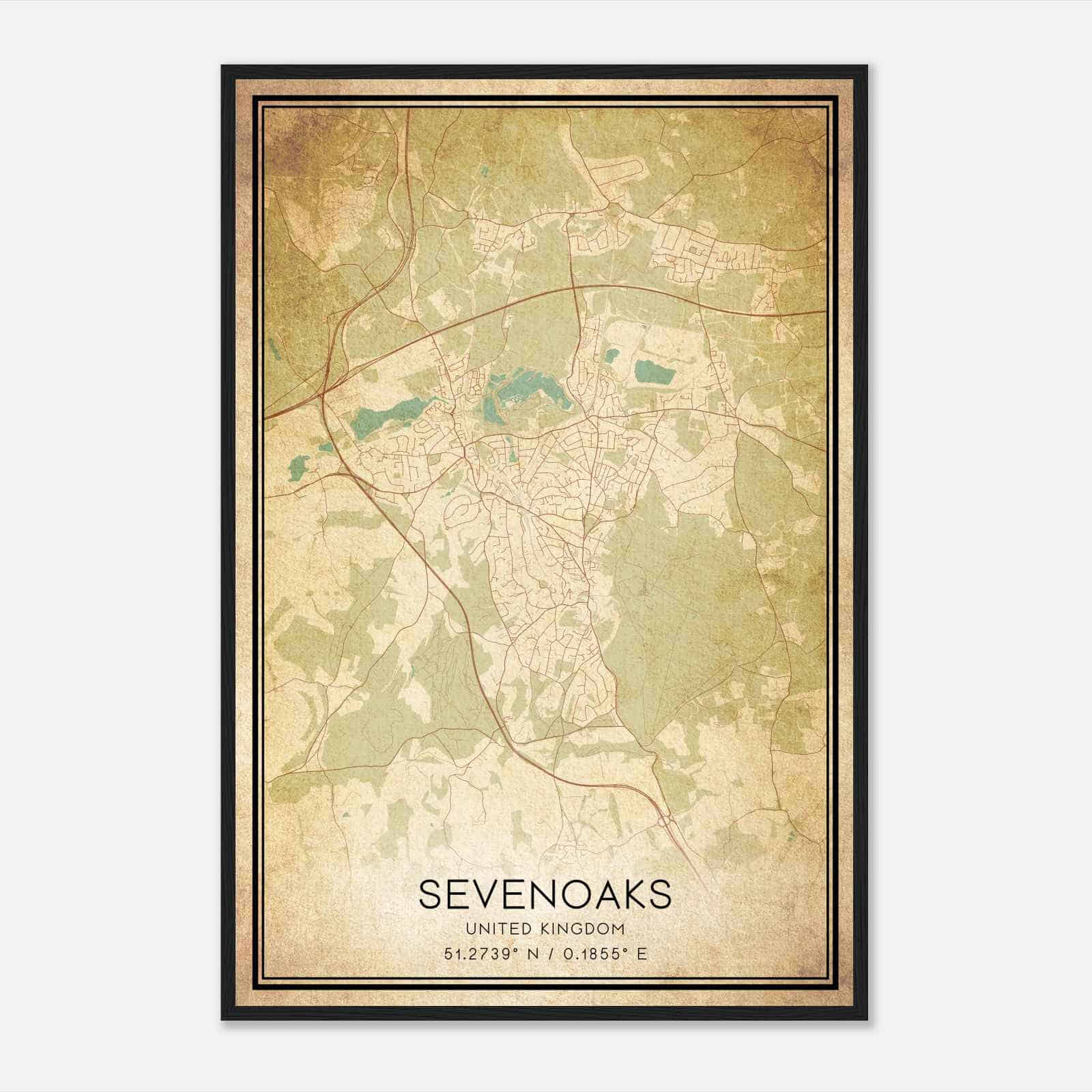 Vintage Sevenoaks United Kingdom Map Poster, Sevenoaks City Road Wall Art Print