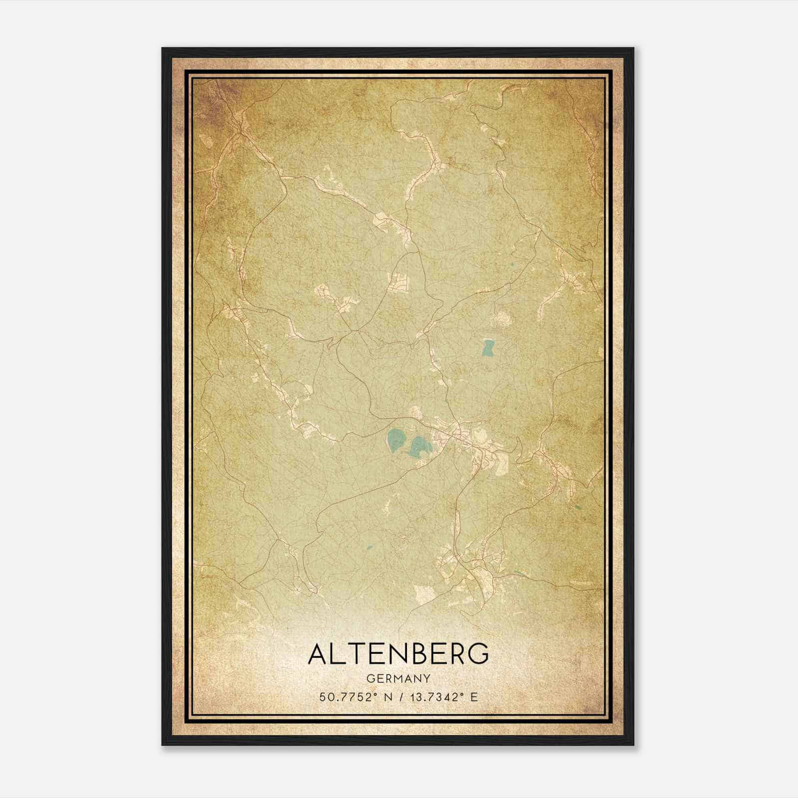 Vintage Altenberg Germany Map Poster, Altenberg City Road Wall Art Print
