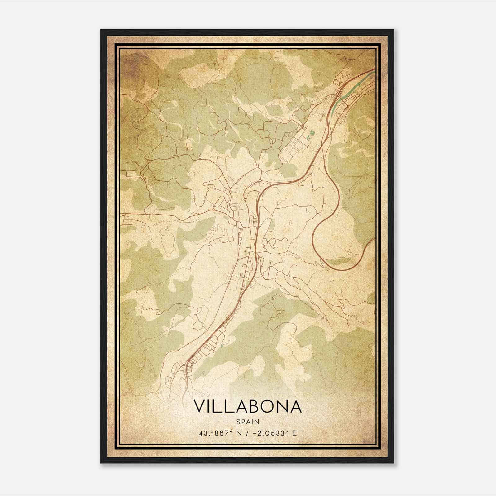 Vintage Villabona Spain Map Poster, Villabona City Road Wall Art Print