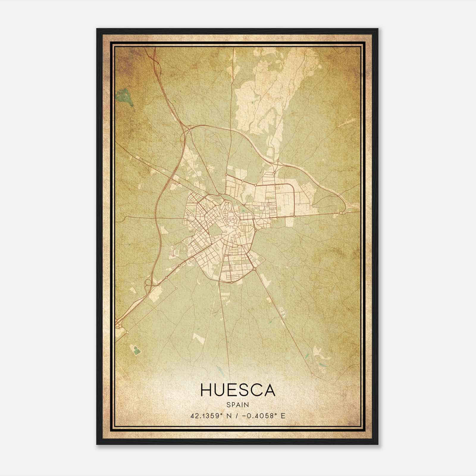 Vintage Huesca Spain Map Poster, Huesca City Road Wall Art Print