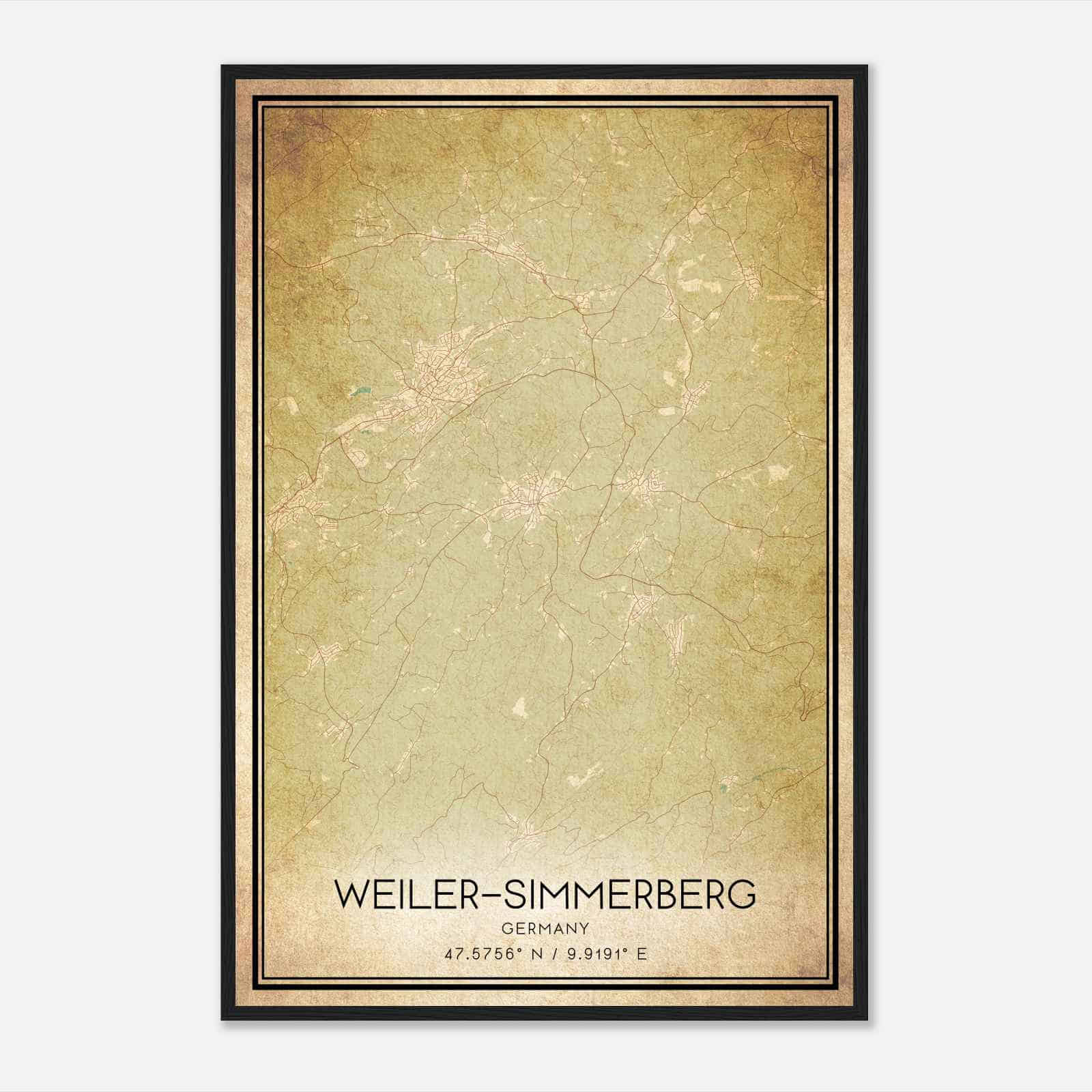 Vintage Weiler-Simmerberg Germany Map Poster, Weiler-Simmerberg City Road Wall Art Print