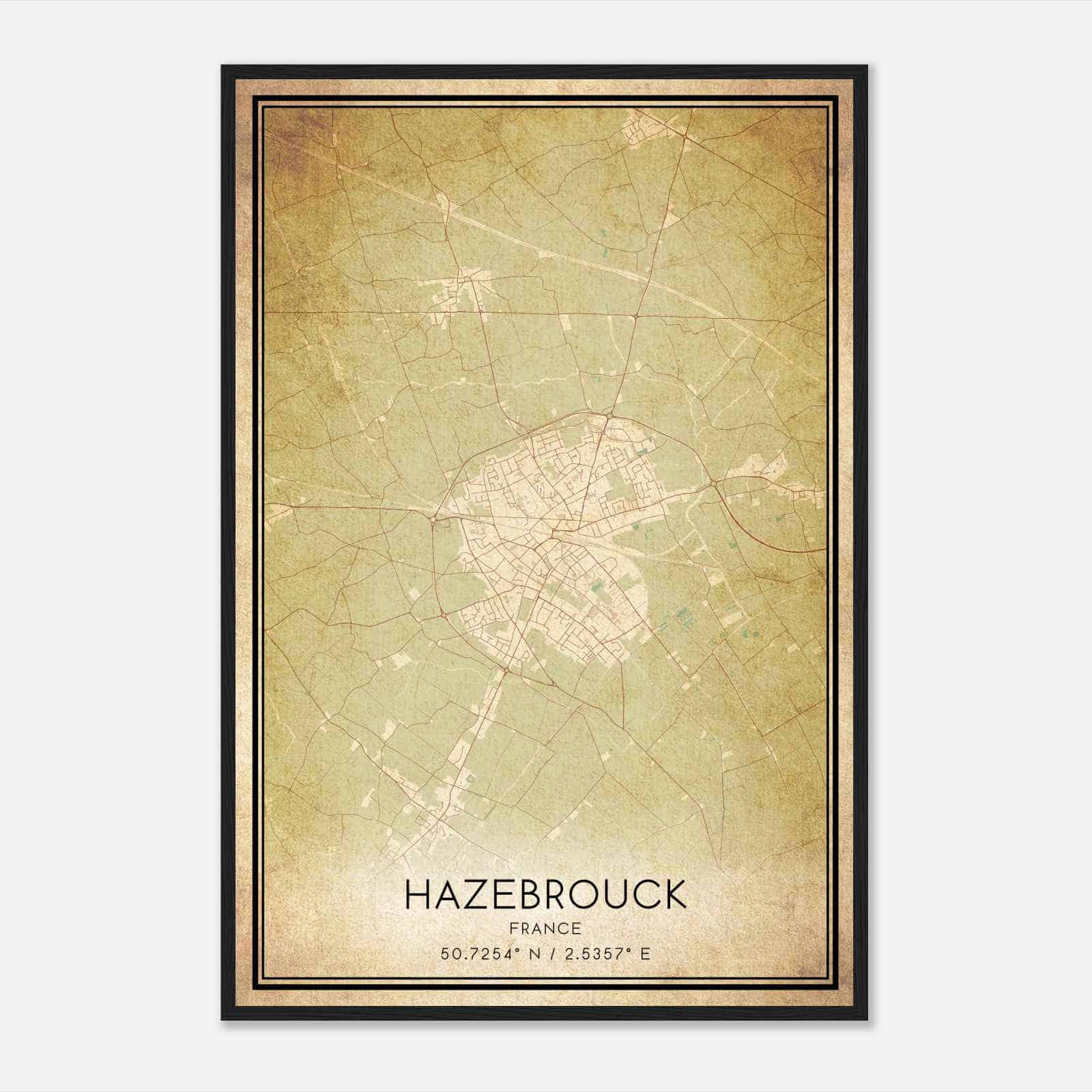 Vintage Hazebrouck France Map Poster, Hazebrouck City Road Wall Art Print
